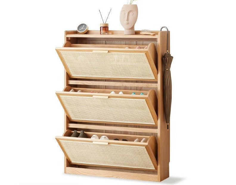 Oak Solid Wood Ultra Thin Flap Door Rattan Shoe Cabinet - Space Saving Entryway Storage Organizer for Hallway, Closet & Mudroom