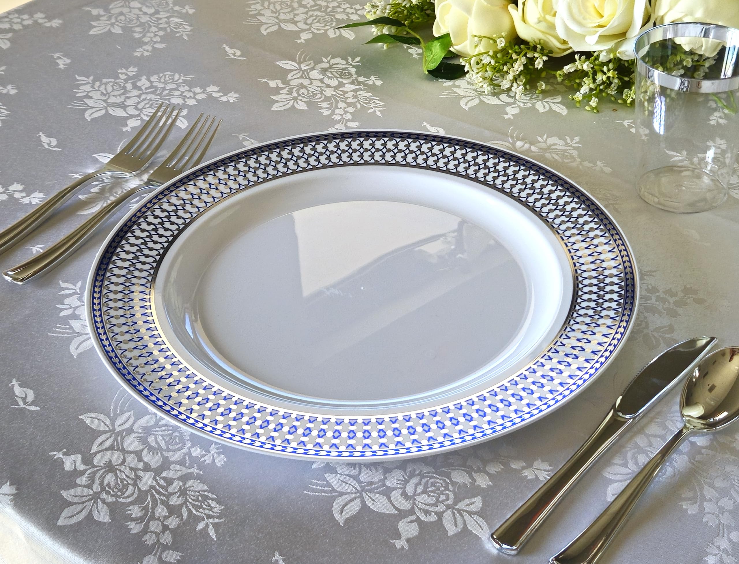 40-Piece Disposable Plastic Charger Plates Set - 12'' Odissey Blue & Silver for Wedding, Party & Special Occasions - Elegant Table Decor for Dinner Events, Banquets & Celebrations