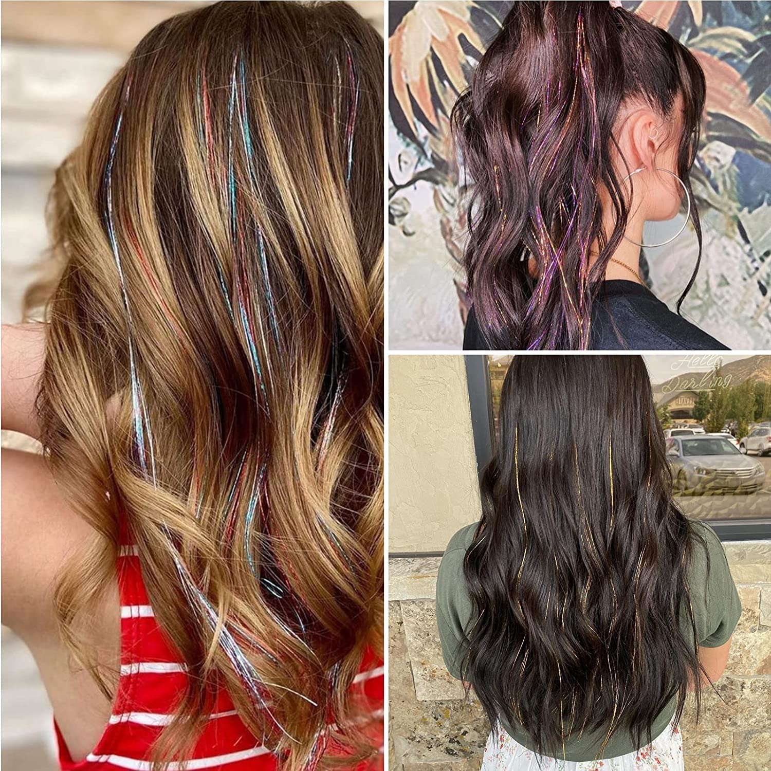 AKADO Glitter Hair Tinsel Extensions - 6 Pack Multicolor Holographic Sparkle Hair Strands for Women & Girls | Shiny Straight Hair Accessories for Parties, Festivals & Cosplay