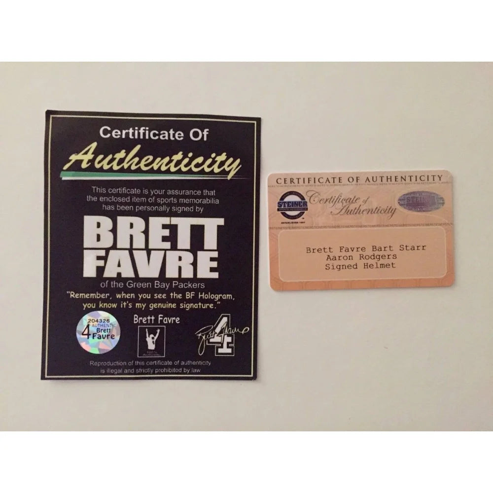 Authentic Brett Favre, Bart Starr & Aaron Rodgers Signed Green Bay Packers Helmet with COA - Steiner Sports Certified - Perfect for Collectors, Sports Memorabilia Fans & Packers Enthusiasts - Ideal for Display in Home, Office or Man Cave