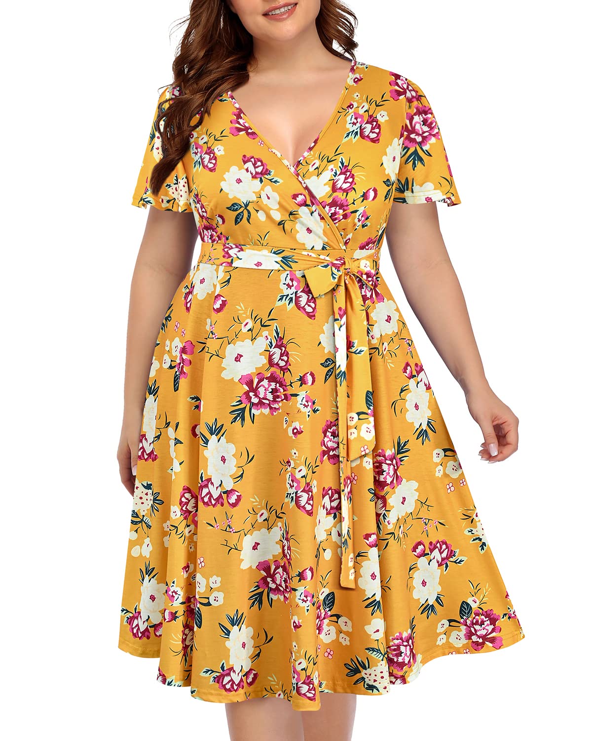 Plus Size Pinup Fashion Women's Cocktail Dress - Semi Formal Wrap Empire Waist Midi Dress for Wedding Guest & Special Occasions