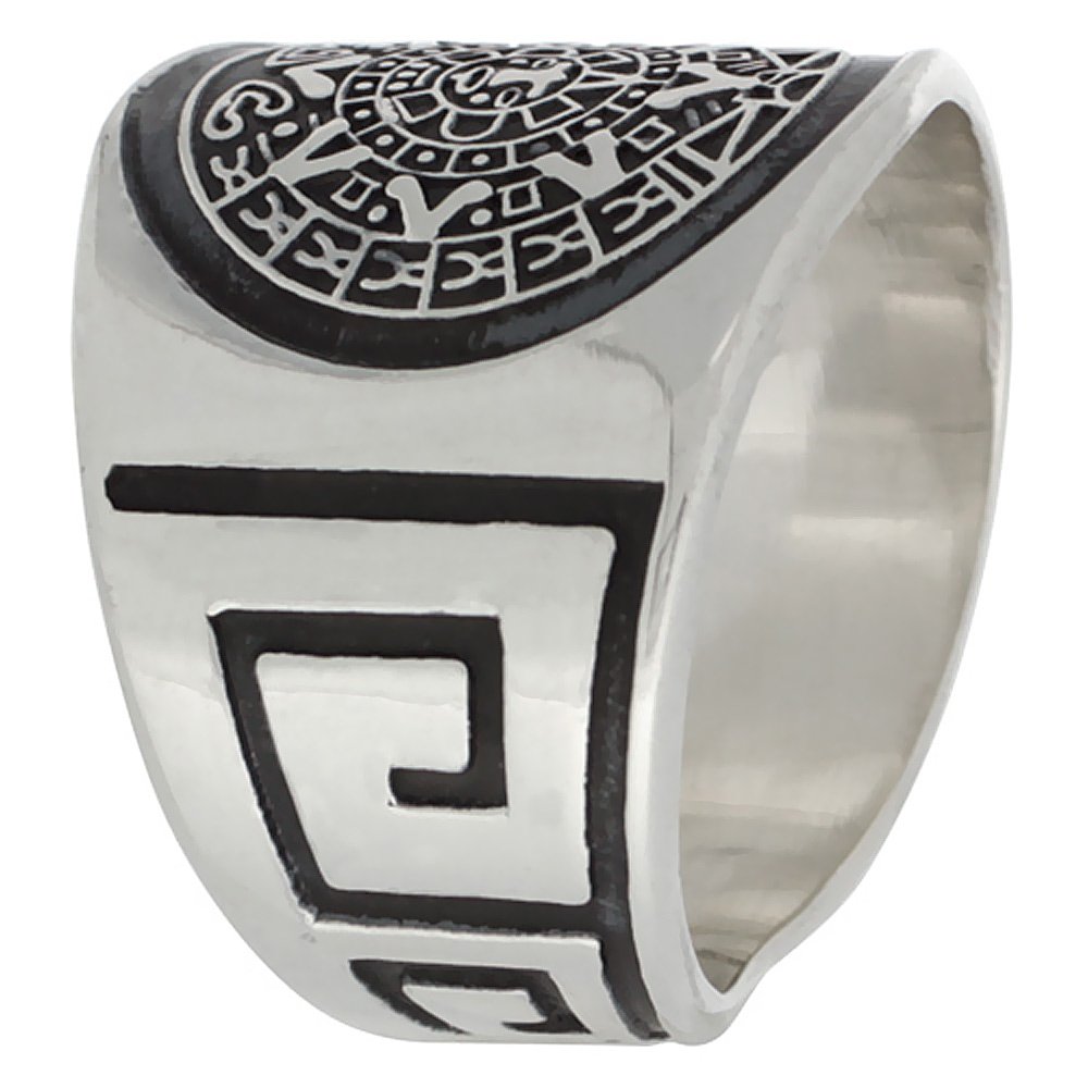 Sterling Silver Men's Aztec Calendar Ring with Greek Key Pattern - 18mm Wide, Sizes 8-13 - Perfect for Gifts, Fashion Accessories & Cultural Jewelry Enthusiasts