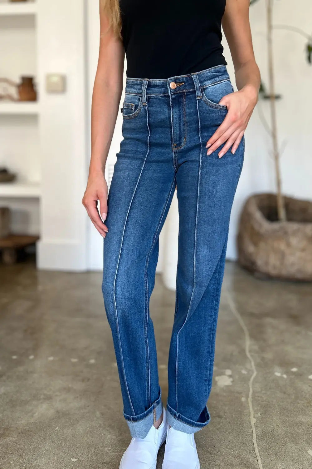 Judy Blue High Waist Straight Jeans for Women - Classic Front Seam Detail, Comfortable Stretch Denim Pants | Perfect for Casual Wear, Office Outfits & Date Night Looks