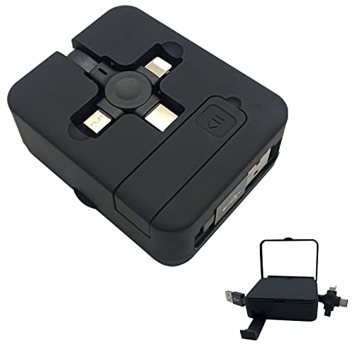 Hovslts 3-in-1 Retractable Charging Cable with Phone Holder & Mirror - USB C/Micro USB Fast Charger Compatible with iPhone, Android, Tablets (Black) | Perfect for Travel, Office & Home Use