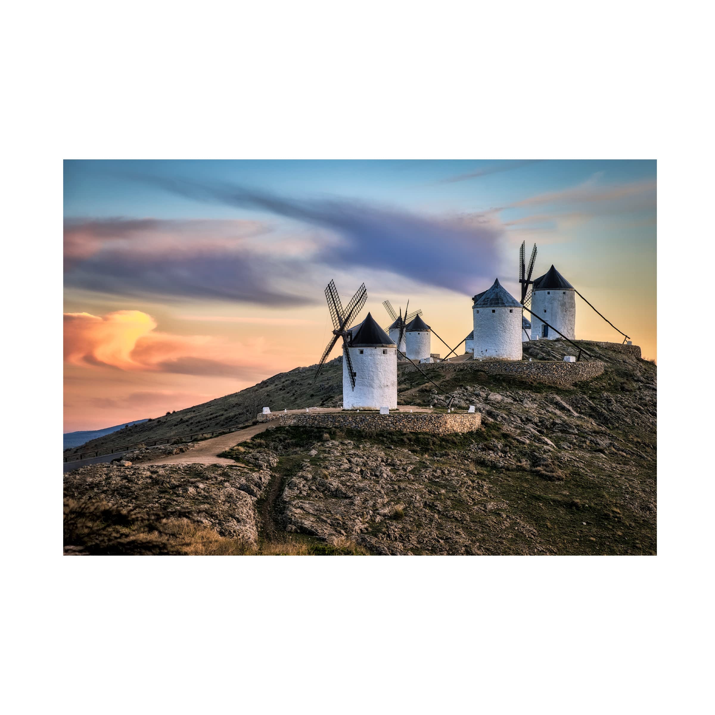 Trademark Fine Art 'Molinos Al Viento' Windmill Landscape Canvas Wall Art by Juan Luis Seco - Perfect for Living Room, Bedroom & Office Decor