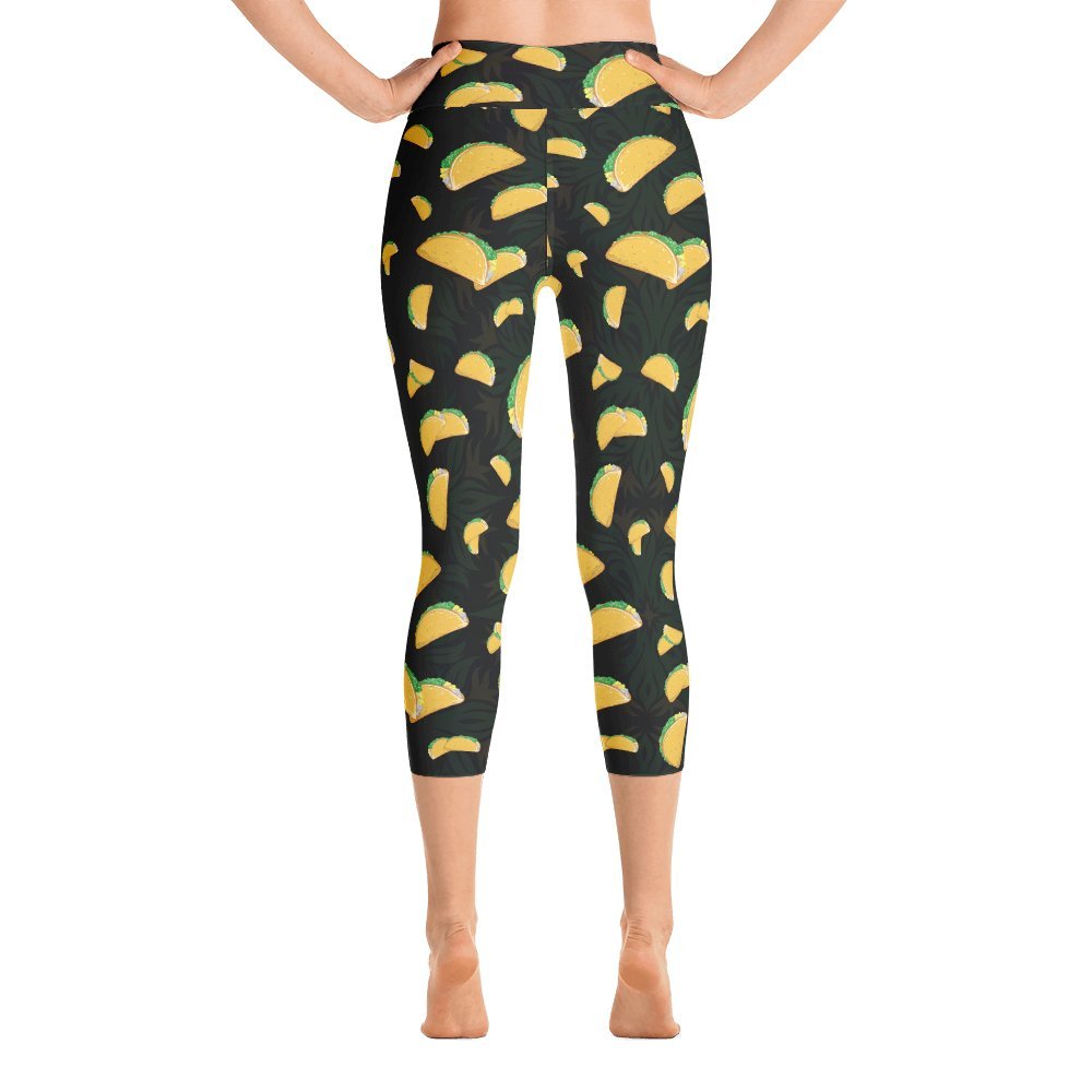 Women's Cinco De Mayo Taco Print High-Waisted Yoga Capri Leggings - Made in USA - Perfect for Yoga, Gym Workouts & Festive Mexican Holiday Celebrations