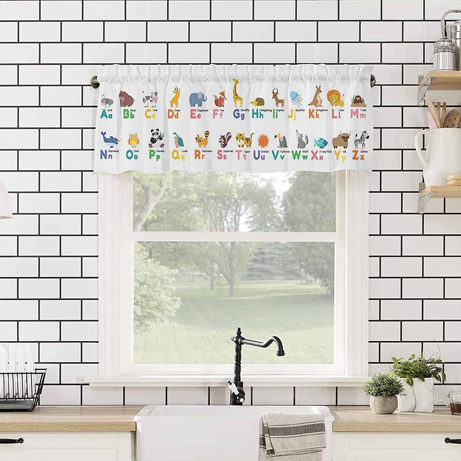 Kids ABC Alphabet Animal Window Valance Curtain - 54x18 Inch Rod Pocket Short Curtain Panel for Kitchen, Bathroom & Bedroom - Fun Nursery & Classroom Decor for Early Learning Spaces