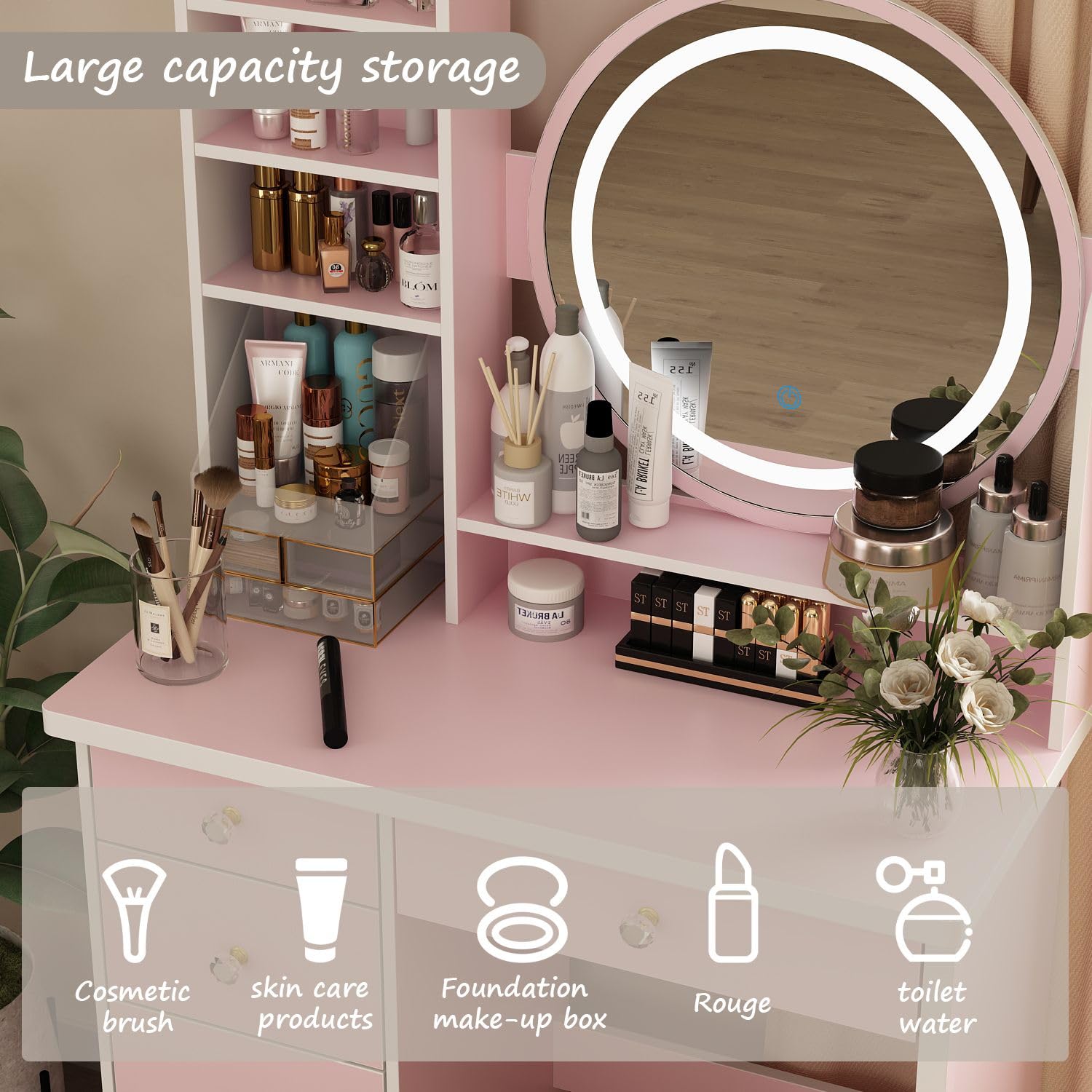 MOUMON Pink Vanity Desk with LED Lights, Mirror, Drawers & Shelves - Crystal Handles & Cushion Stool Included | Perfect for Makeup, Skincare & Dressing Room Organization