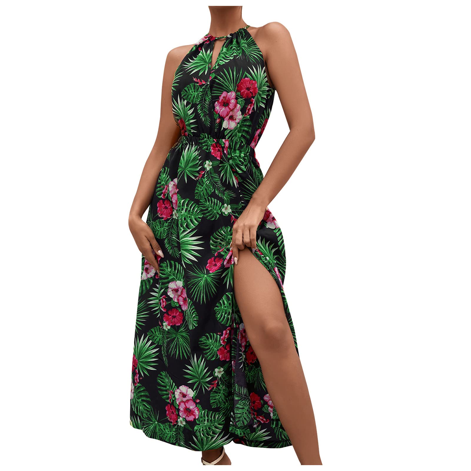 XHJUN Women's Summer Sundress - Halter Neck Tie, High Waist Floral Print Sleeveless Slit Dress for Beach, Vacation & Casual Wear