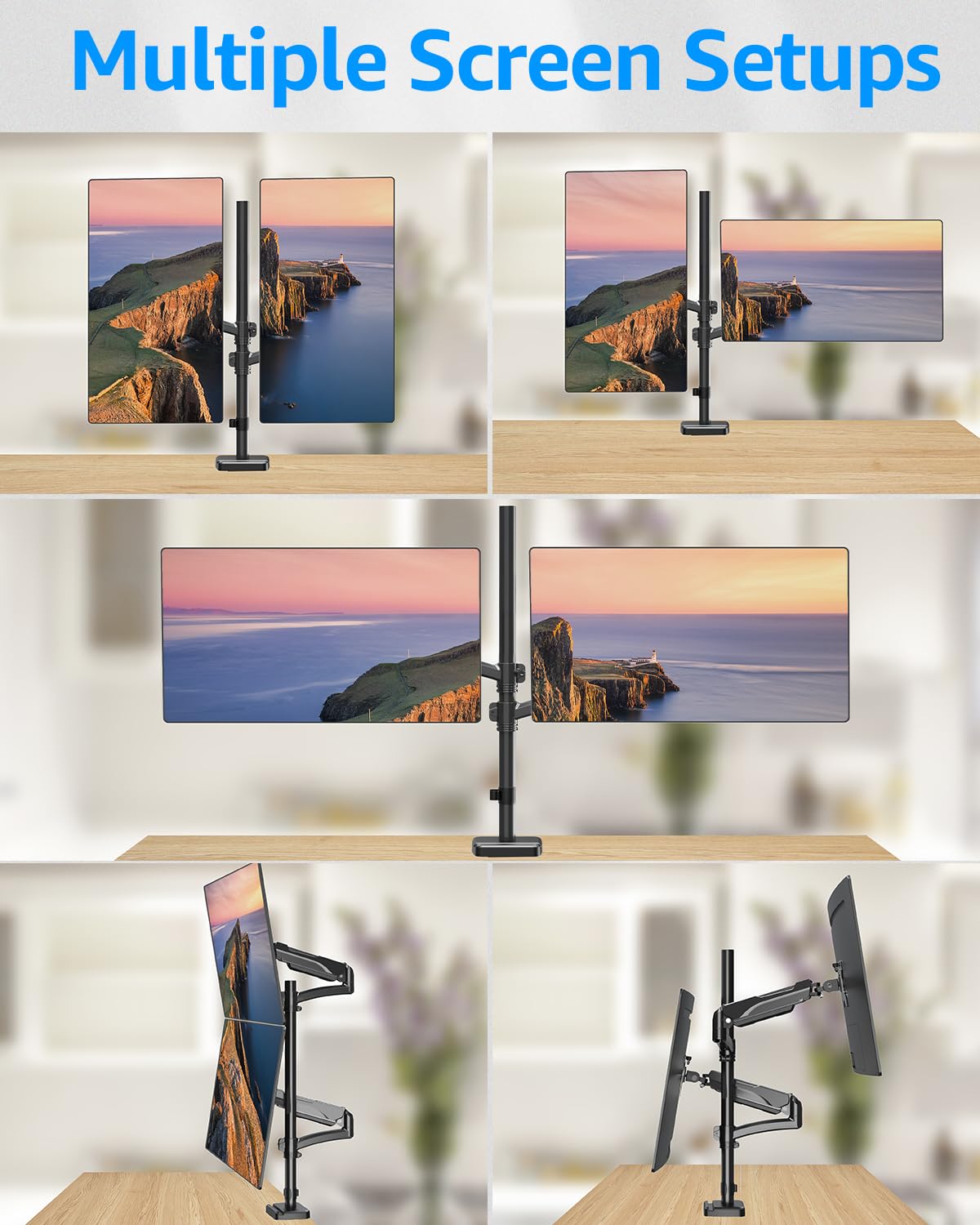 MOUNTUP Vertical Dual Monitor Stand - Heavy Duty Gas Spring Arm for 32 Inch Screens (4.4-17.6lbs), VESA 75x75/100x100 Mount with Clamp/Grommet Base - MU6012A - Perfect for Home Office, Gaming Setup & Workspace Ergonomics
