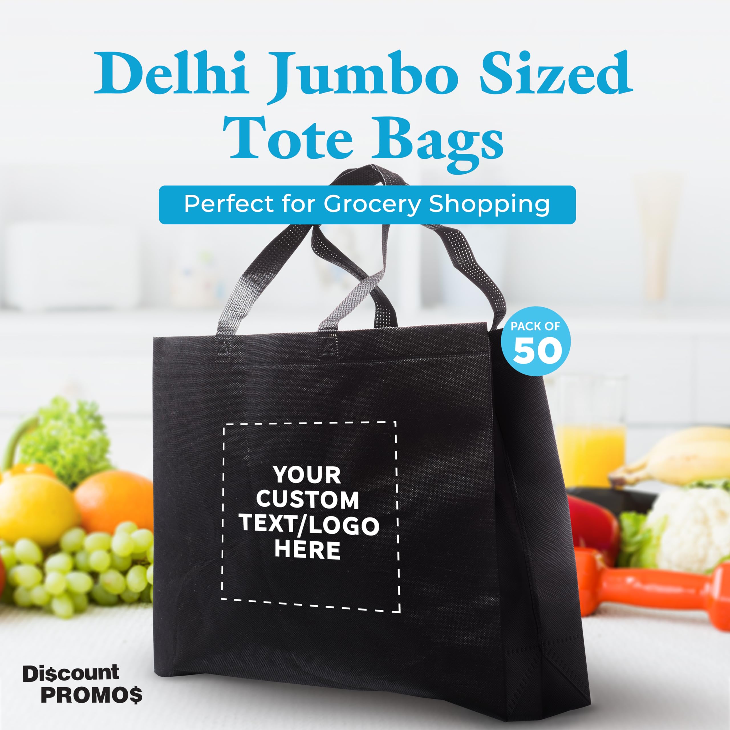 Custom Jumbo Reusable Tote Bags - Bulk Pack of 50 Personalized Grocery & Shopping Bags - Promotional Gift for Women (Black) | Perfect for Retail Stores, Events, Trade Shows & Eco-Friendly Shopping