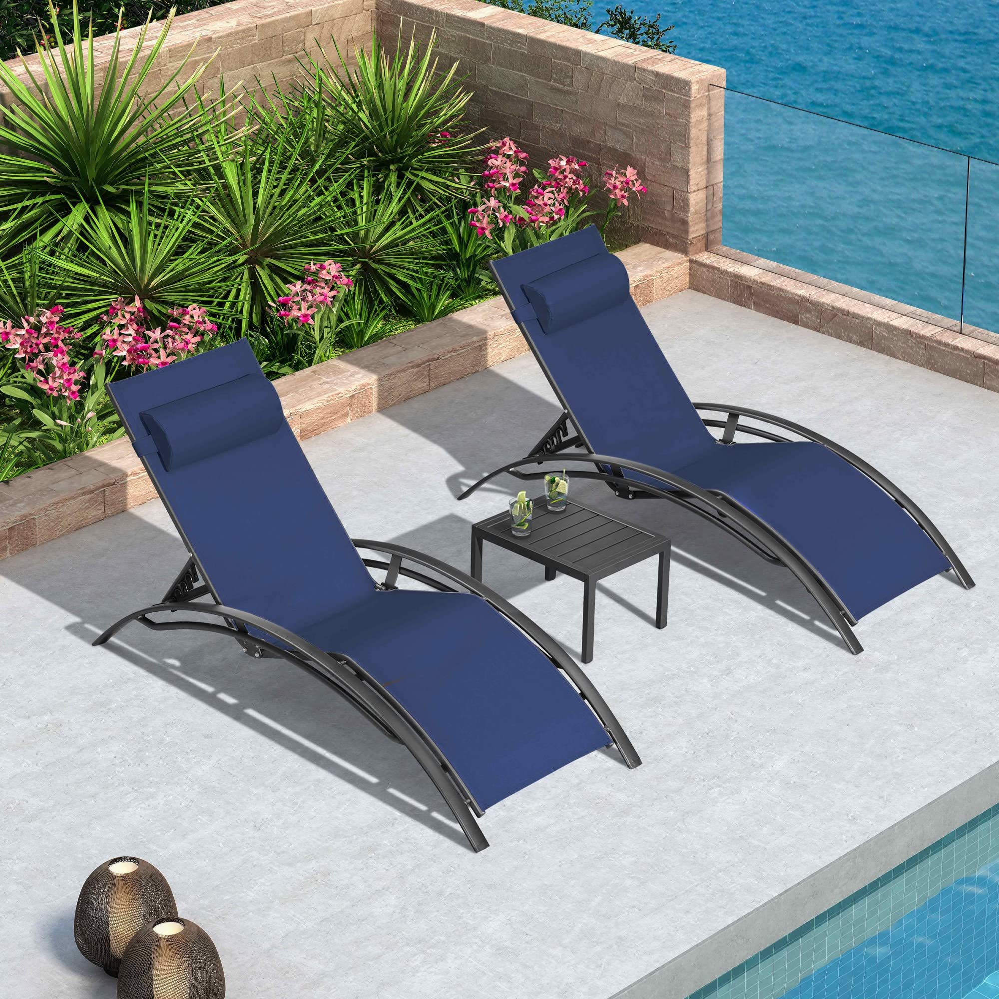 PURPLE LEAF Outdoor Chaise Lounge Set - All-Weather Poolside & Beach Sunbathing Chair with Side Table - Navy Blue Patio Furniture for Backyard, Garden & Tanning