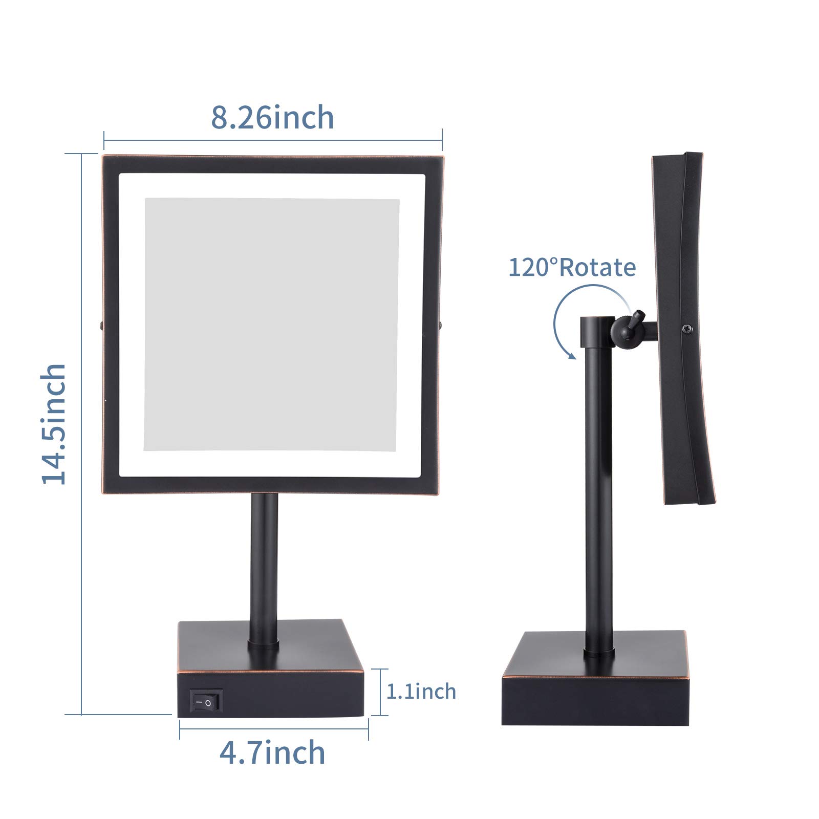 DOWRY 8 Inch LED Lighted 3X Magnifying Makeup Mirror with Plug - Square Vanity Mirror with Polished Oil Rubbed Bronze Finish (Model Dowry2205D-8x3) - Perfect for Makeup Application, Skincare Routine, and Detailed Beauty Grooming