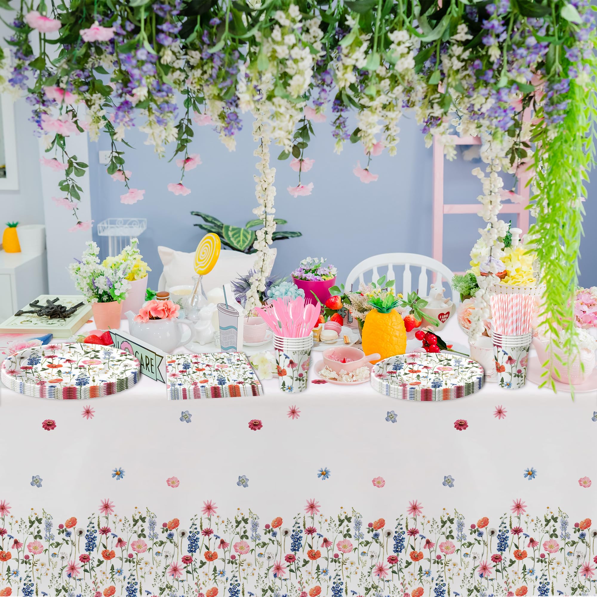 Floral Party Decorations Tableware Set - Wildflower Themed Plates, Cups, Napkins, Tablecloth & Cutlery for Spring & Summer Events | 24-Piece Serving Set for Birthday Parties, Baby Showers & Tea Parties
