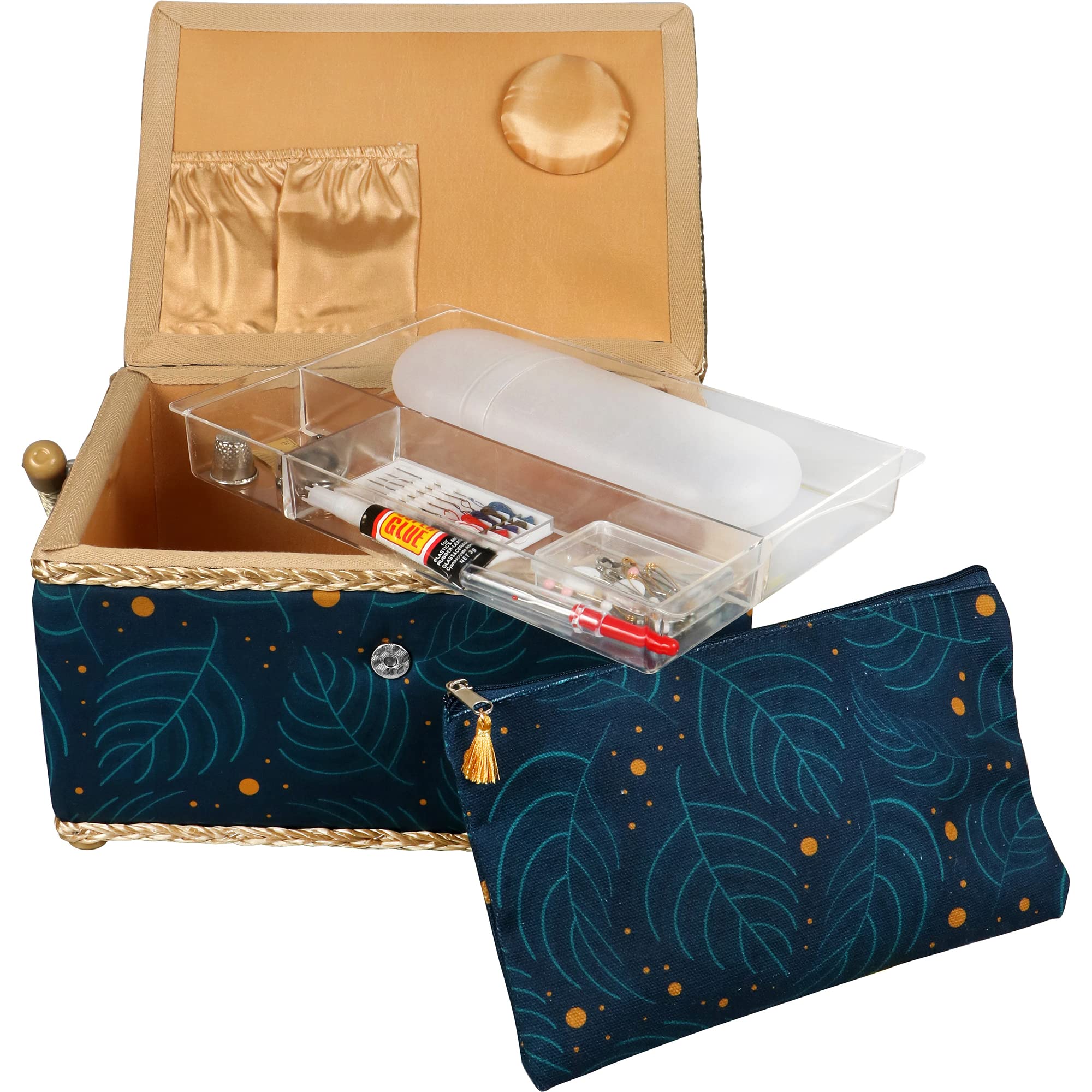 SINGER Large Floral Sewing Basket with Matching Zipper Pouch - Portable Sewing Organizer for Needles, Thread & Supplies - Perfect for Travel, Crafting & Home Organization (Leaf Print Design)