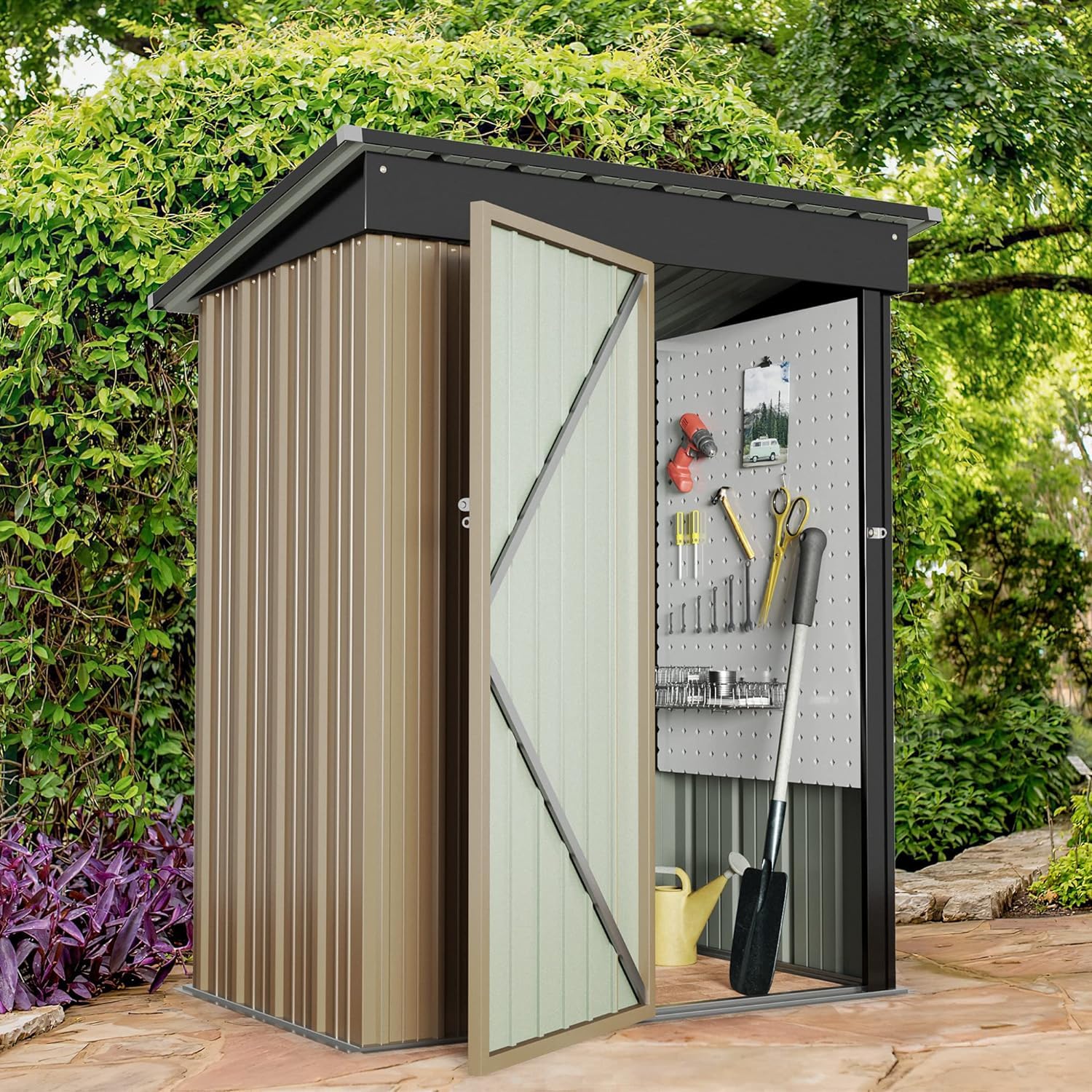 Furniwell 5x3 FT Outdoor Storage Shed - Metal Garden Shed with Lockable Door for Backyard, Patio & Lawn (Brown) | Weather-Resistant Tool Storage & Yard Organization Solution