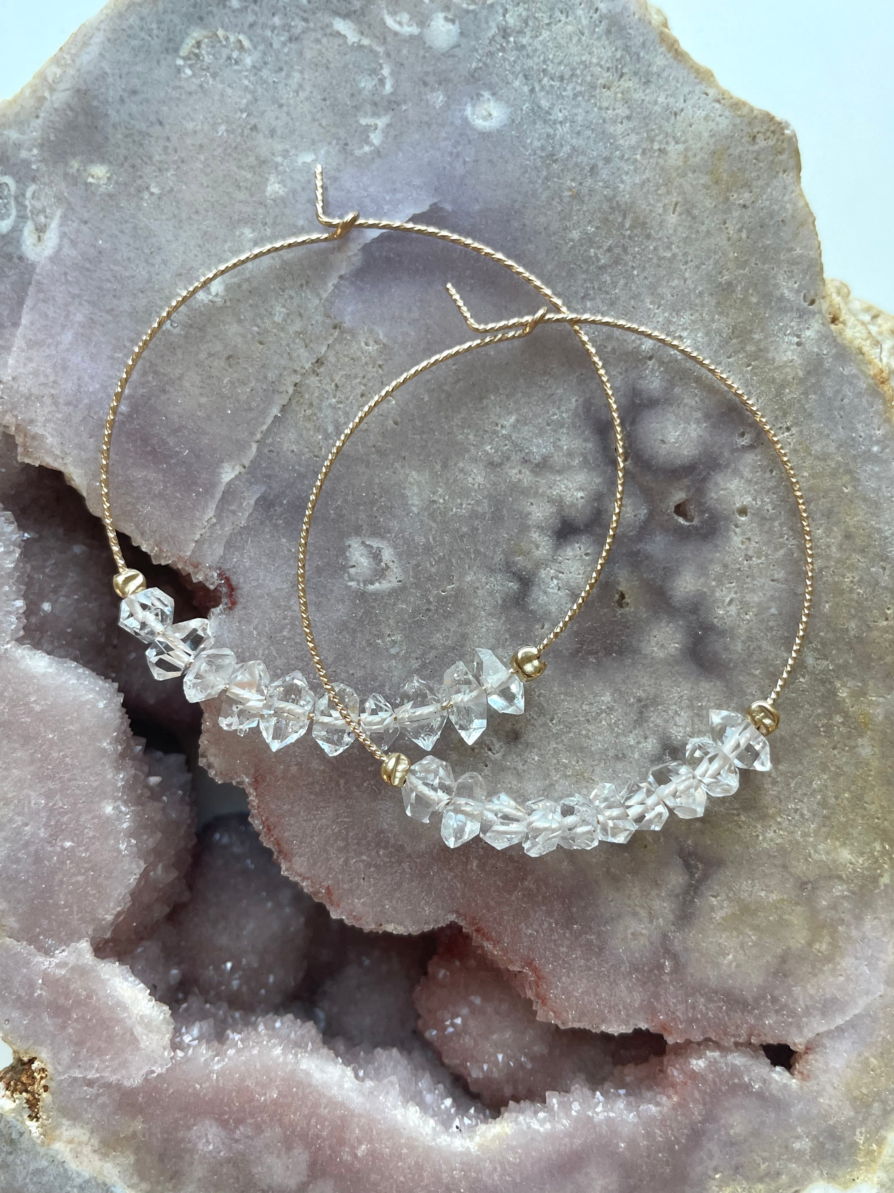 Stylish Thin Herkimer Diamond Hoops Earrings for Women - 14K Gold Plated Minimalist Dainty Studs - Perfect for Everyday Wear, Office & Special Occasions