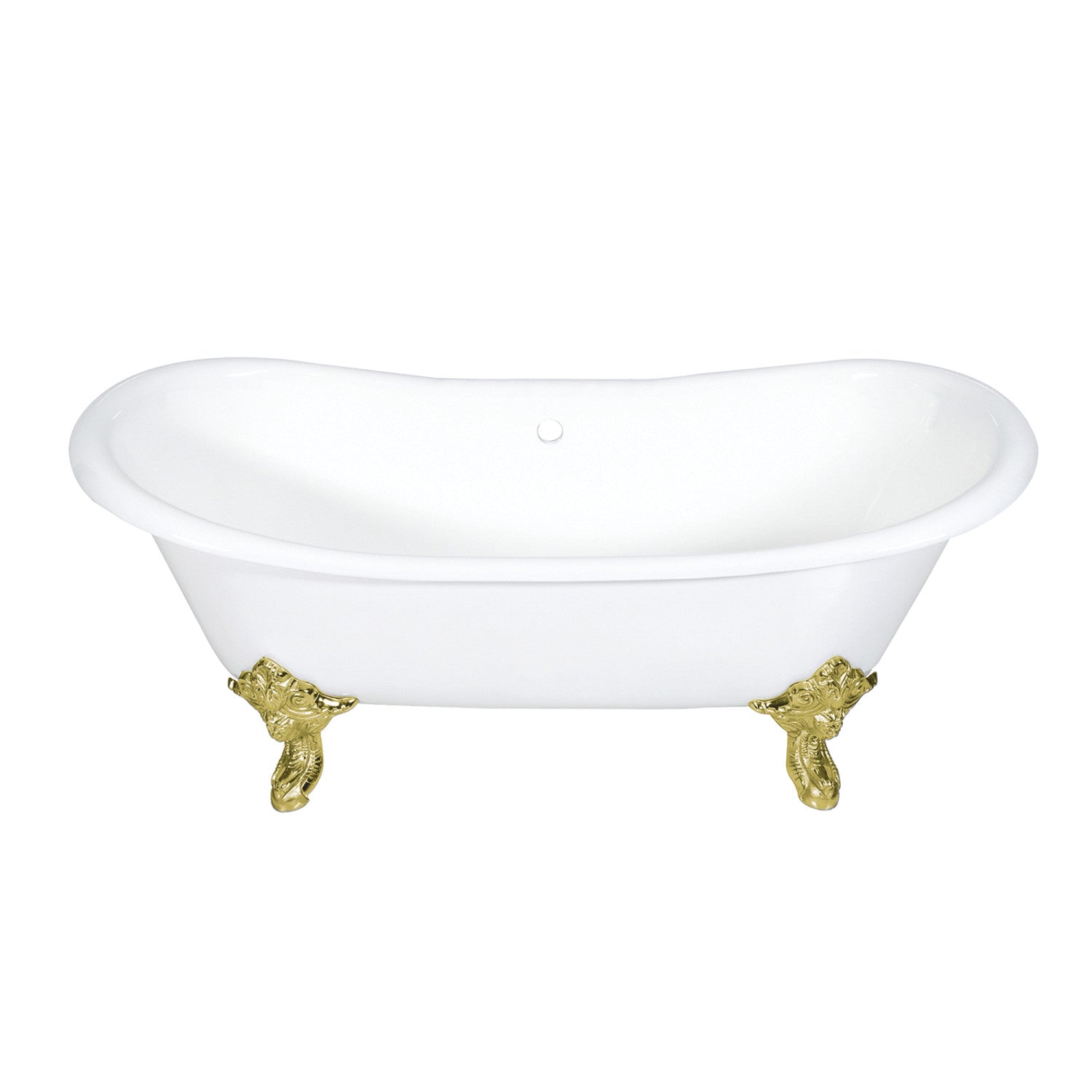 72 Inch White Cast Iron Oval Double Slipper Clawfoot Bathtub - No Faucet Drillings with Polished Brass Feet | Vintage Freestanding Soaking Tub for Luxury Bathroom & Spa Retreat