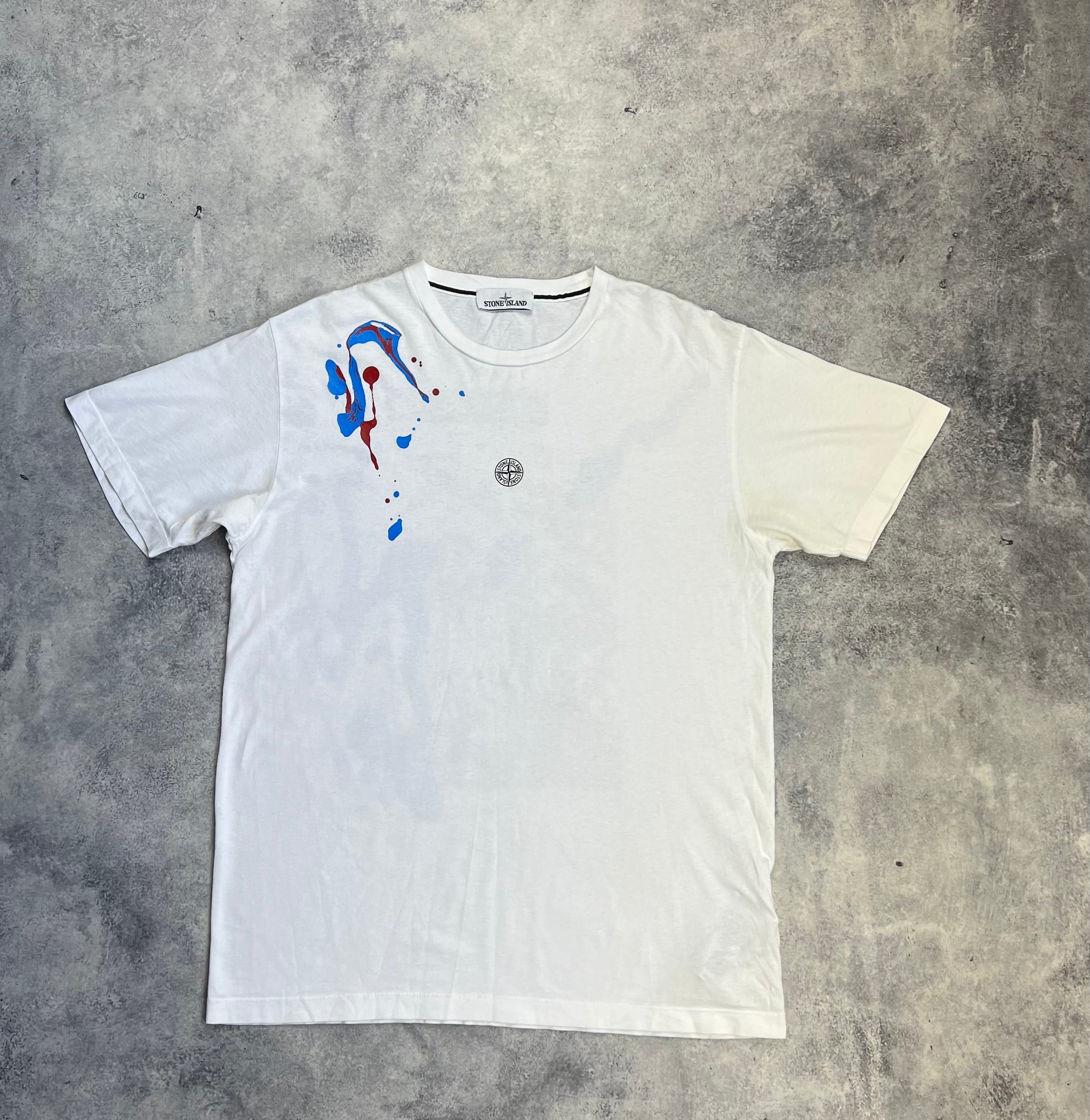 Stone Island 2020 White Splatter Graphic T-Shirt - Men's Casual Short Sleeve Tee for Streetwear & Summer Outfits
