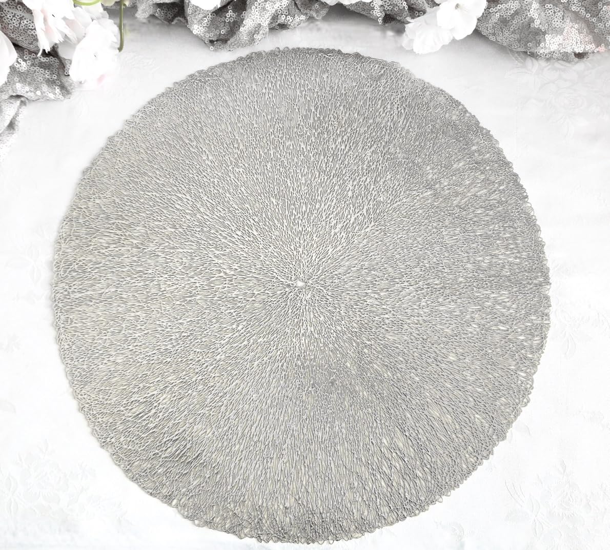 120-Piece Metallic Vinyl Placemats Set - Round Pressed Wedding Table Decor in Reef & Silver | Elegant Dining, Party Centerpiece, Holiday Table Setting