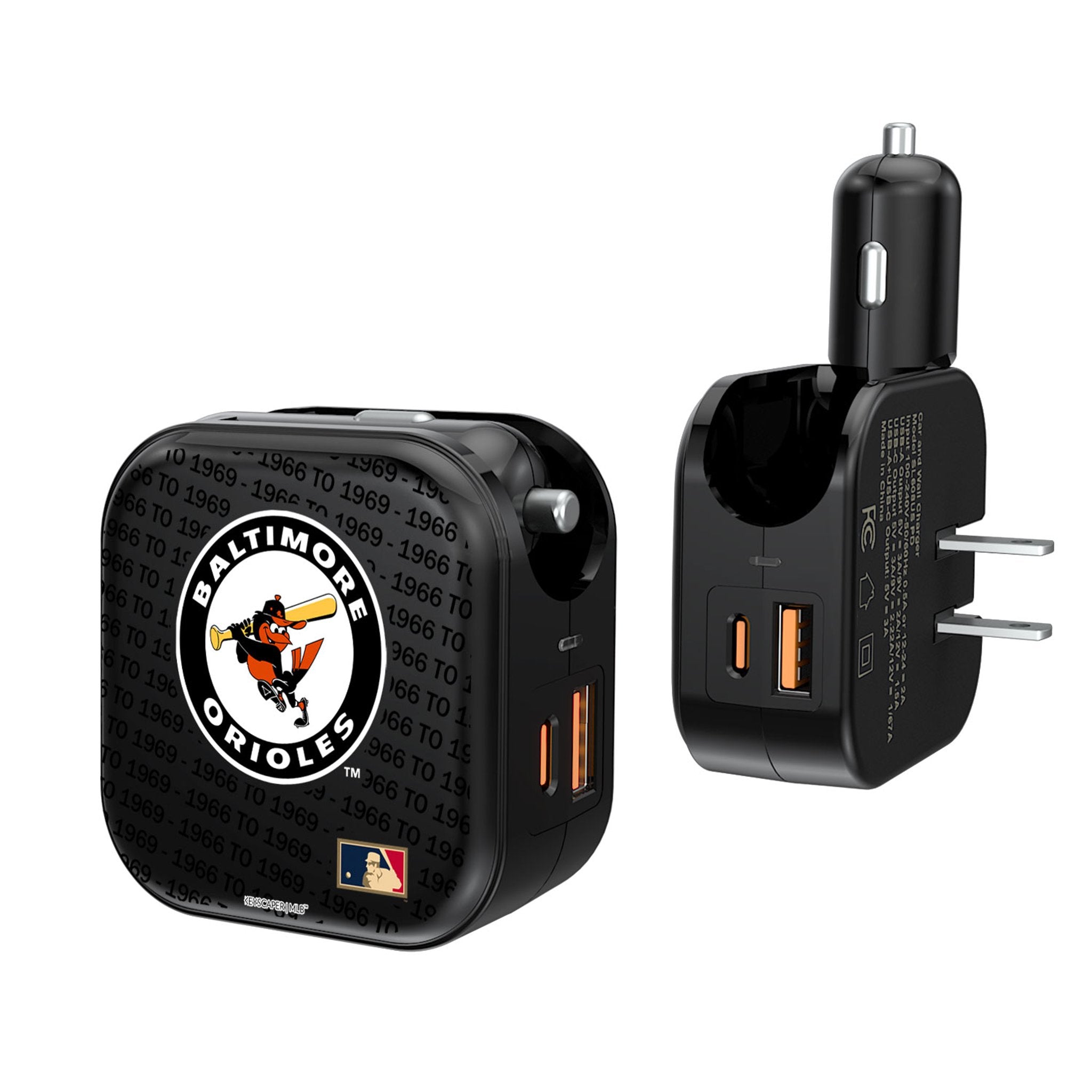 1966-1969 Baltimore Orioles Cooperstown Collection 2-in-1 USB A/C Fast Charger with Text Backdrop - Perfect for Baseball Fans & Office/Home Charging
