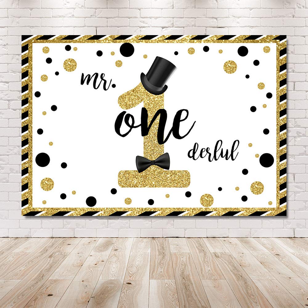 MEHOFOND Mr Onederful Black & Gold Glitter Photo Booth Backdrop - 7x5ft Birthday Party Decoration for 1st Birthday, Cake Table, Photography Background | Perfect for Baby Boy's First Birthday Party, Photo Shoots, and Special Event Decorations