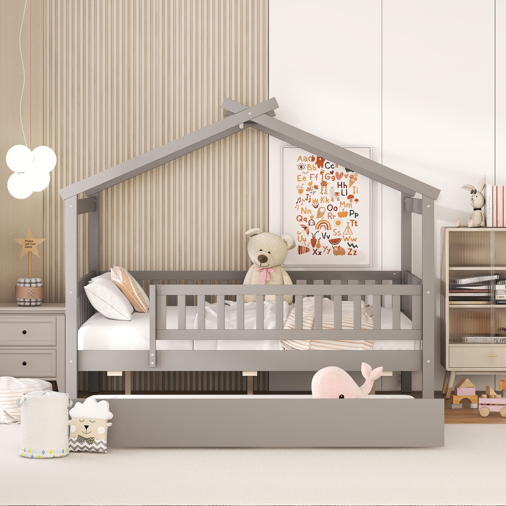 Harper & Bright Designs Full Size Wooden House Bed with Trundle - Kids Bed Frame with Roof & Fence Design for Boys & Girls (Gray) - Perfect for Bedrooms, Playrooms & Montessori Spaces