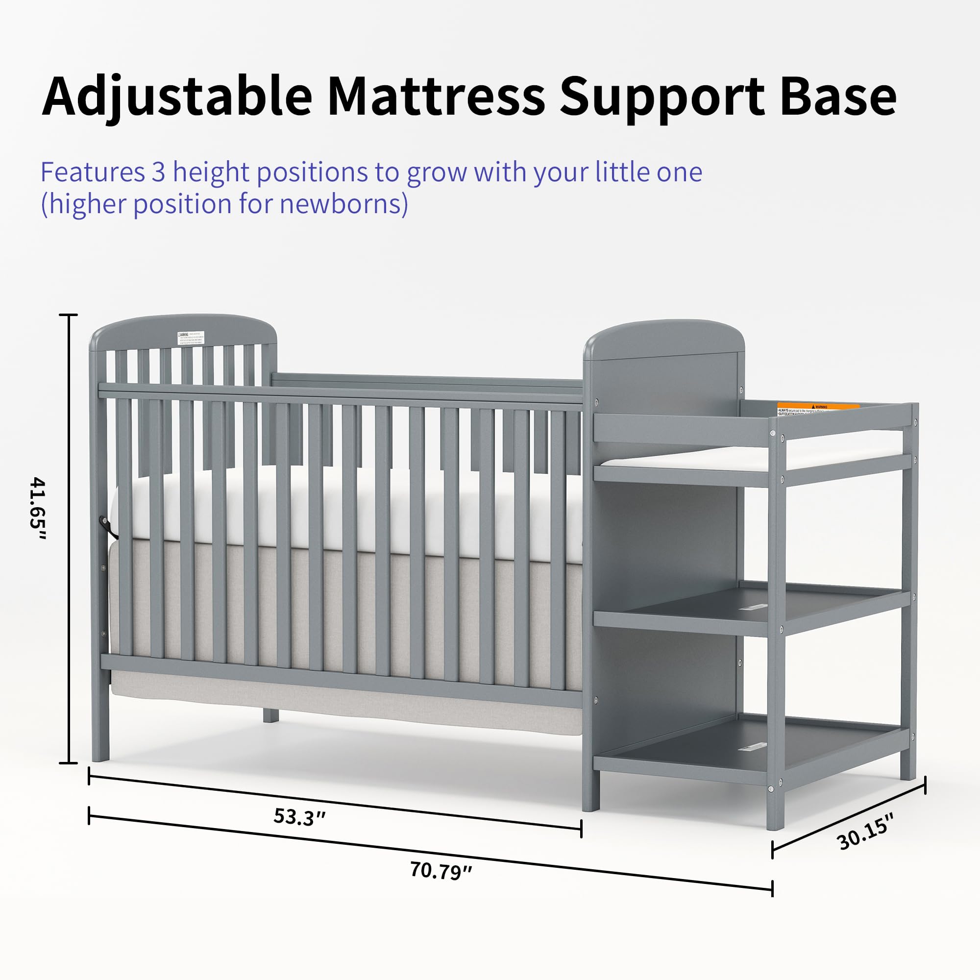 3-in-1 Convertible Baby Crib with Changing Table - Full Size Wooden Crib Converts to Toddler Bed & Daybed - Nursery Furniture with Storage Space, 3 Adjustable Mattress Heights, Non-Toxic Finish (Storm Grey) - Perfect for Small Nursery Rooms & Growing Toddlers