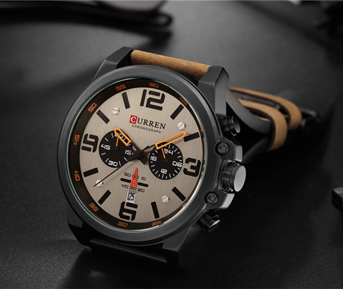 MASTOP Men's Military Chronograph Watch - Waterproof Leather Strap Quartz Watch with Date Display | Perfect for Outdoor Activities, Sports & Casual Wear