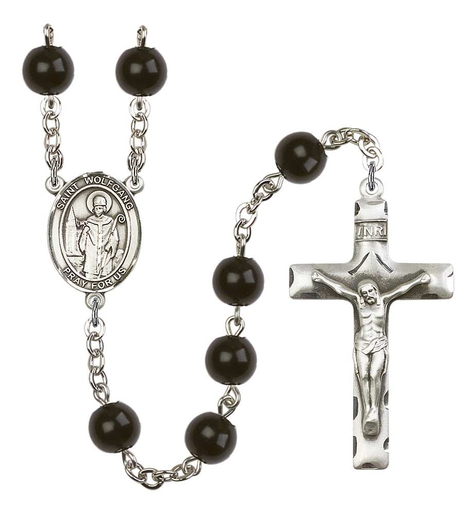 Silver Plated Rosary with 7mm Black Onyx Beads - 1 3/4 x 1 Crucifix & St. Wolfgang Medal Centerpiece | Perfect for Prayer, Meditation & Catholic Gifts