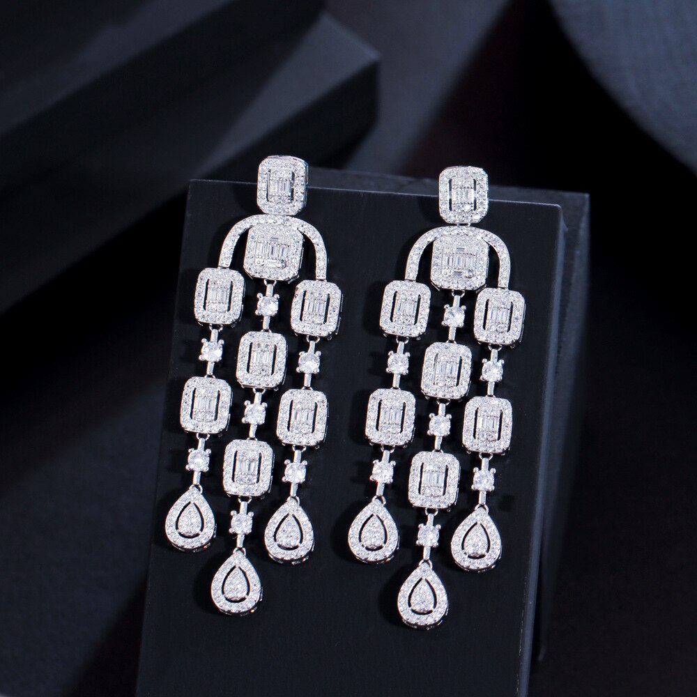 Sparkling Clear Tassel Cubic Zirconia CZ Square Dangle Earrings for Women - Elegant Wedding Jewelry & Dinner Party Accessories - Perfect for Bridal, Prom, and Special Occasions