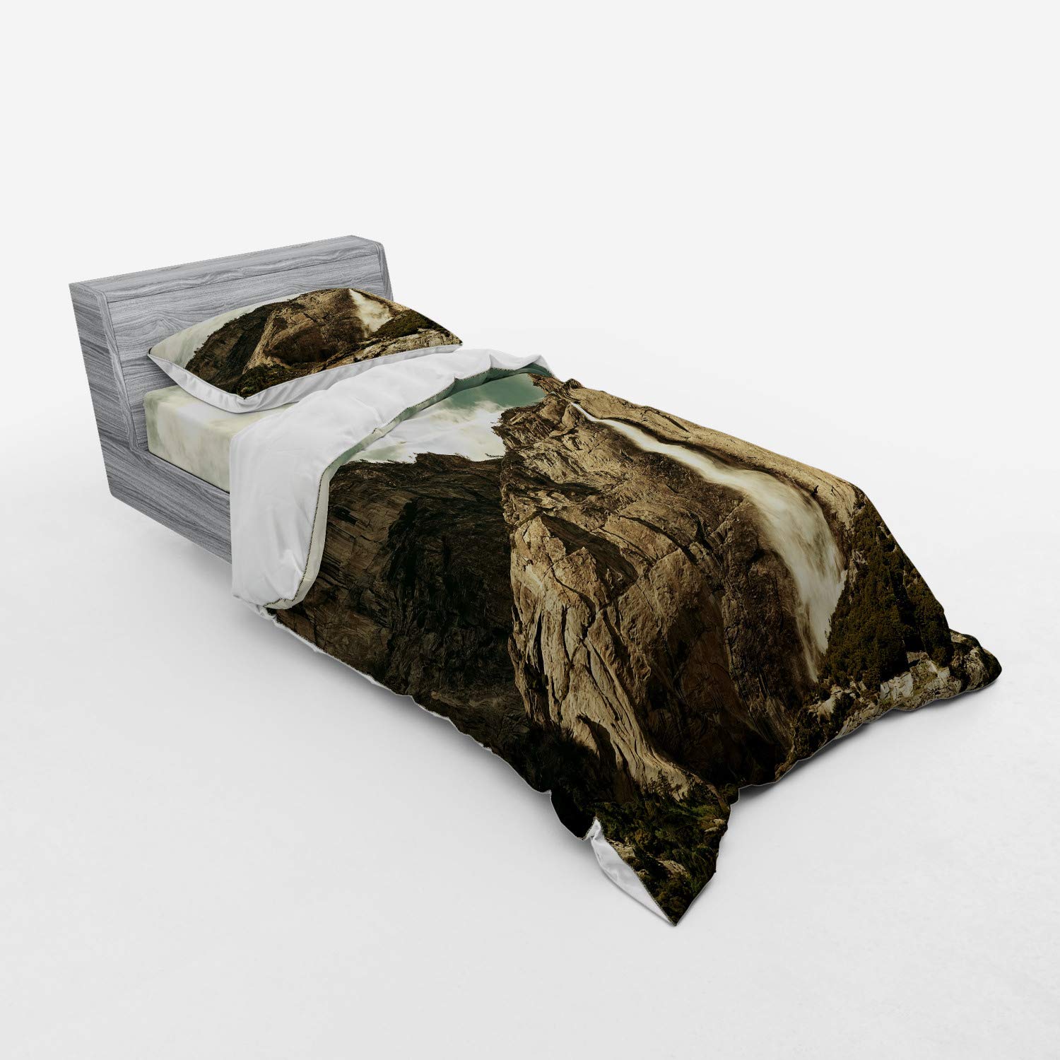 Ambesonne Yosemite Duvet Cover Set - 3 Piece Bedding with Sham & Fitted Sheet, Twin Size, Brown Reseda Green - Waterfall Scenery from Yosemite National Park California | Perfect for Nature Lovers' Bedroom Decor & Travel Theme Home Design