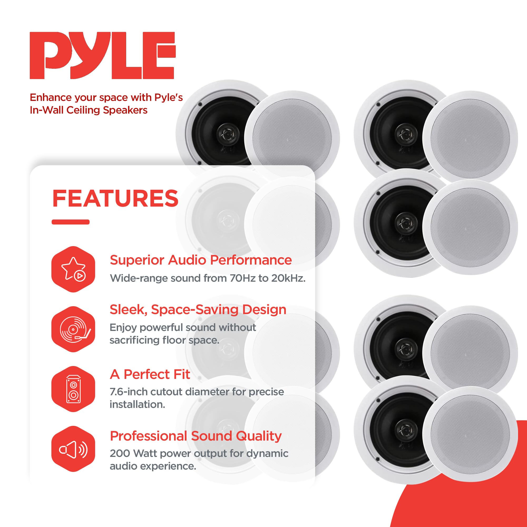 Pyle PDIC1661RD 6.5 Inch 200 Watt In-Ceiling & Wall Speakers, 2-Way Flush Mount Stereo Speaker System (4 Pairs, White) - Perfect for Home Theater, Indoor Audio & Multi-Room Music Setup