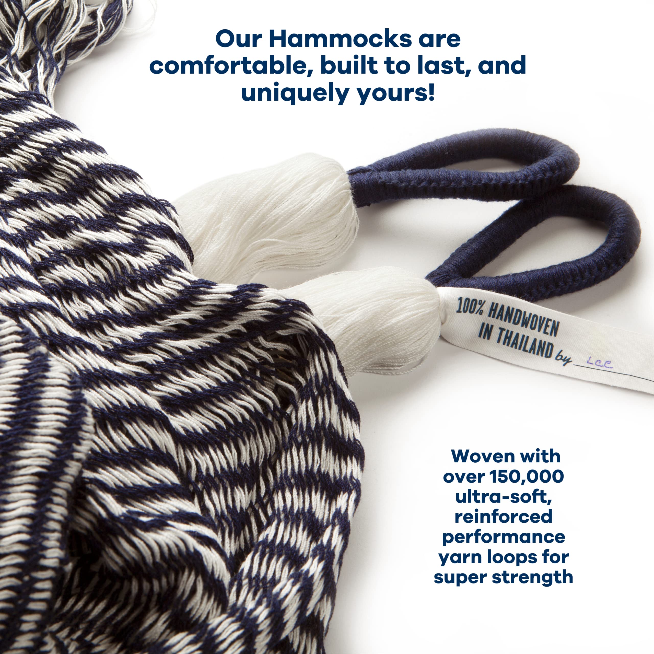 Premium Handwoven Hammock by Yellow Leaf Hammocks - Family Size for 2+ People (550lb Capacity) - Weatherproof & Ultra Durable - Easy Setup & Super Soft - Artisan Crafted Stripe Navy Blue & White - Perfect for Backyard, Beach, Camping & Outdoor Relaxation