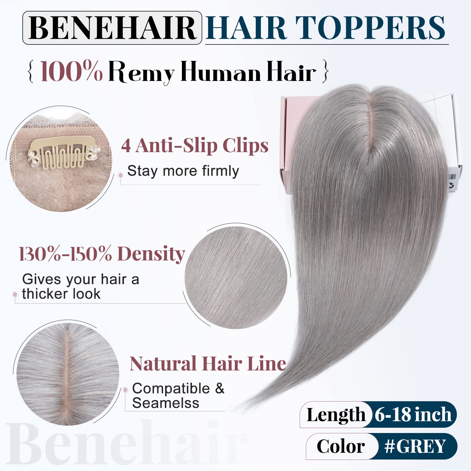 Benehair Clip-in Human Hair Topper for Women with Thinning Hair - 10