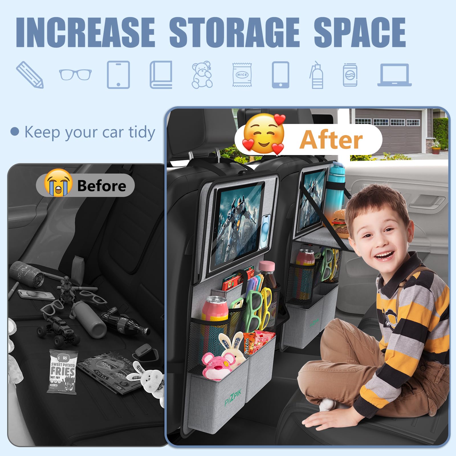 Car Backseat Organizer with Tablet Holder - 11 Storage Pockets & Foldable Food Tray - Kids Kick Mats Protector - Travel Accessories Organizer (Gray, 2 Pack) - Perfect for Road Trips, Family Travel & Keeping Kids Entertained