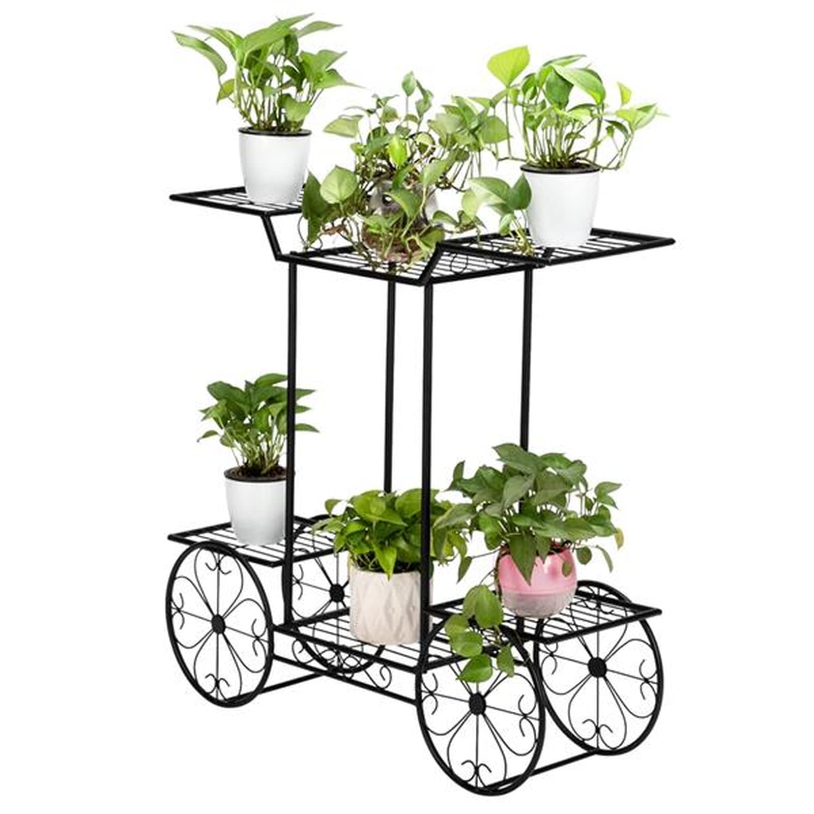 Black 6-Seat Plant Stand Cart - Rolling Paint Trolley for Indoor/Outdoor Plants | Perfect for Home Garden, Patio Decor & Nursery Organization