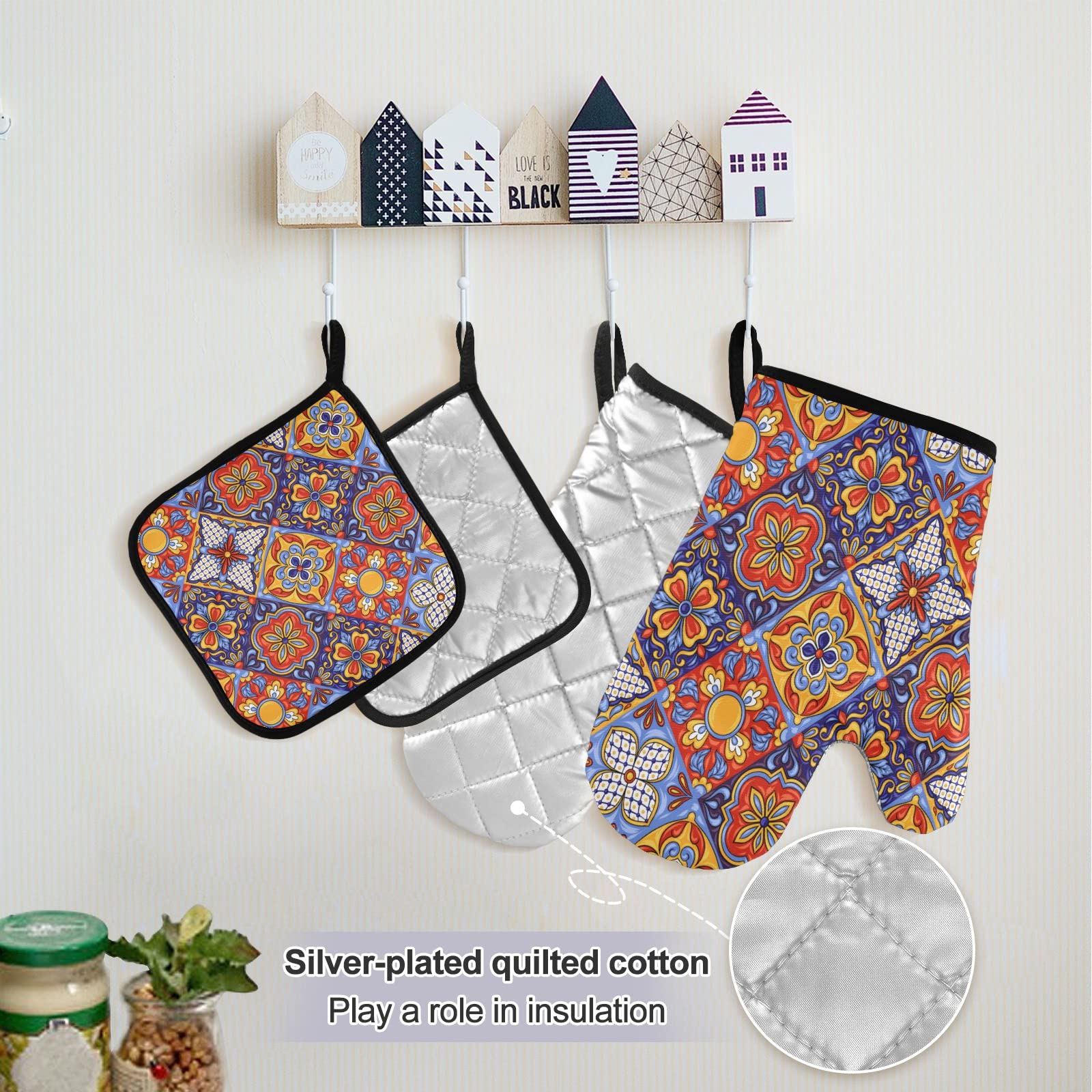 Mexican Talavera Tile Print Kitchen Linen Set - Cooking Apron, 2 Potholders & 2 Oven Mitts - Chef Accessories for Men & Women - Perfect for Cooking, Baking and Kitchen Decor