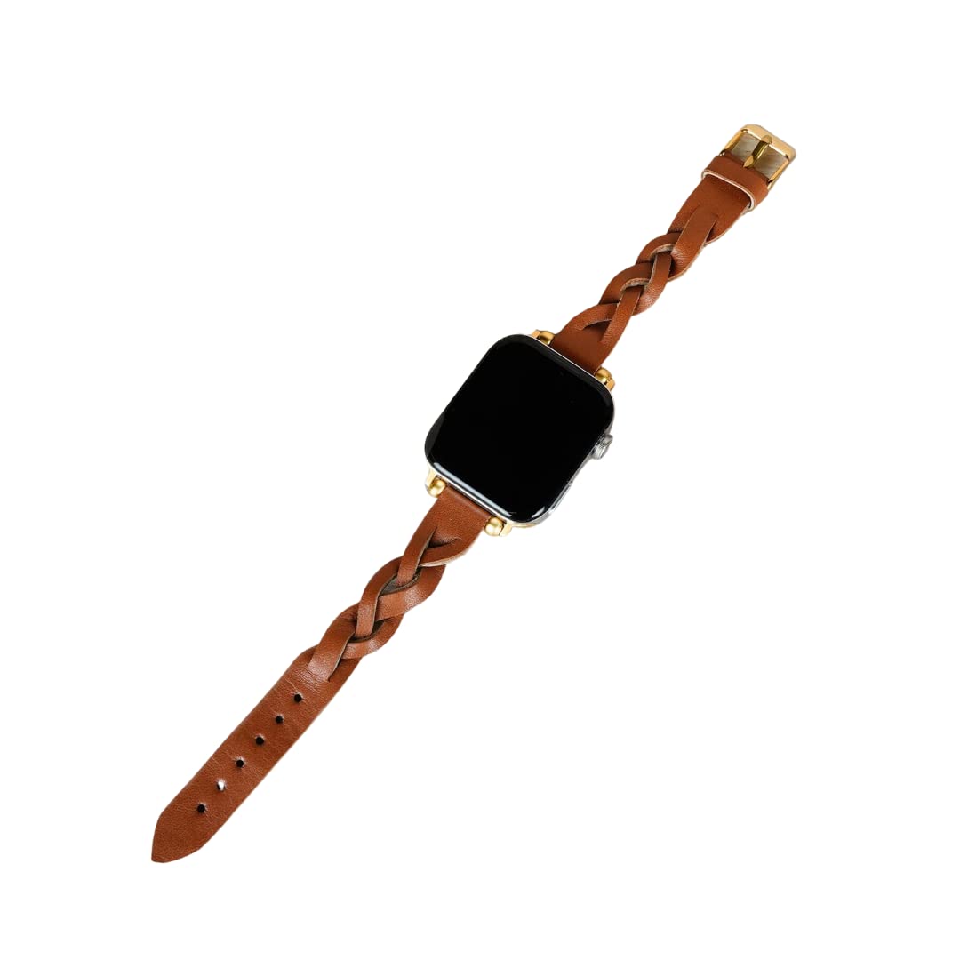 Slim Braided Leather Watch Band for Women - Apple Watch Band 42mm 44mm 45mm Compatible with Series 4/5/6/7/8/SE - Light Brown Genuine Leather Strap with Silver Connector | Perfect for Work, Casual Wear & Special Occasions