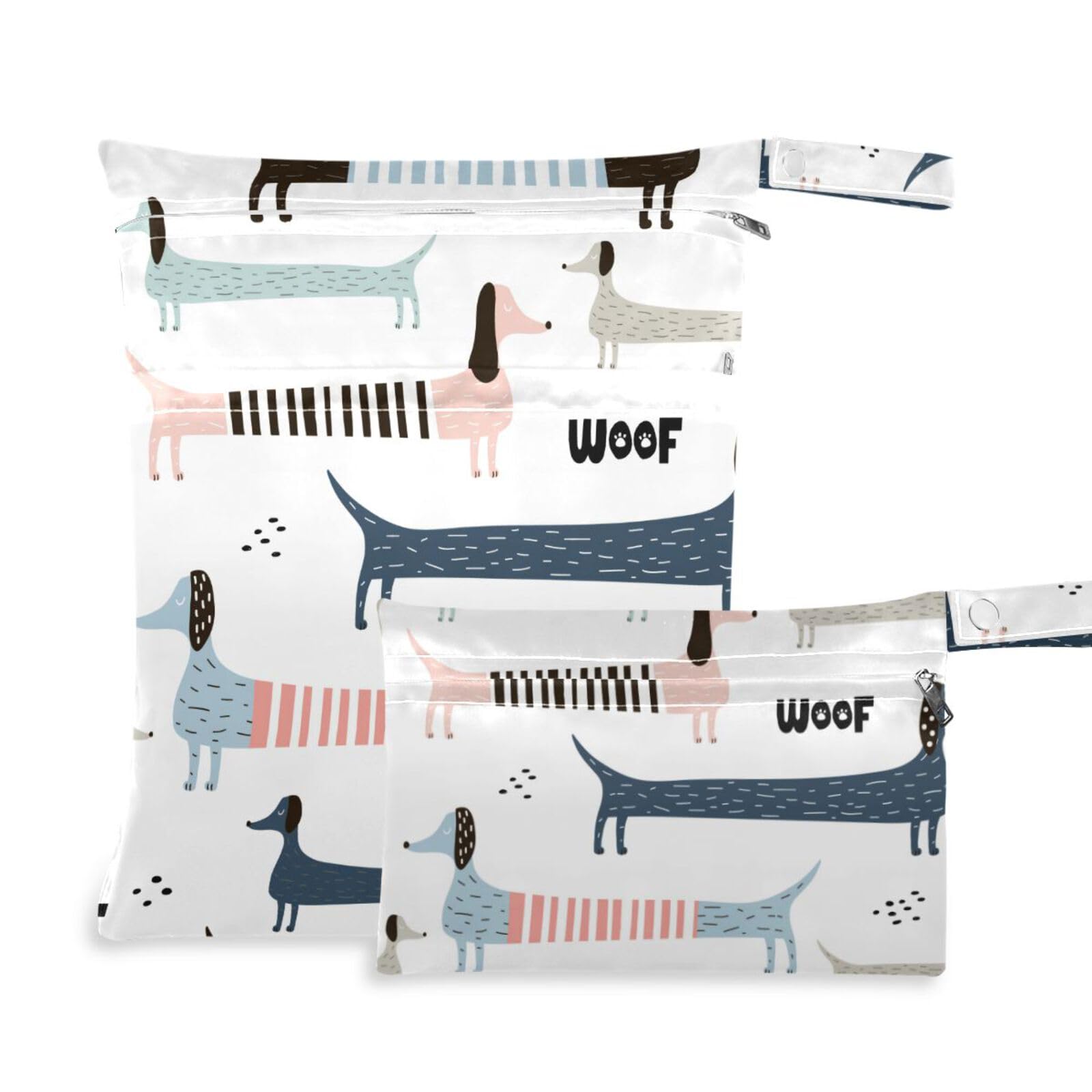 Qilmy 2-Pack Waterproof Reusable Wet Dry Bags for Baby Diapers, Swimsuits & Toiletries - Cute Dachshund Dog Design - Perfect for Travel, Beach, Stroller & Daycare Use