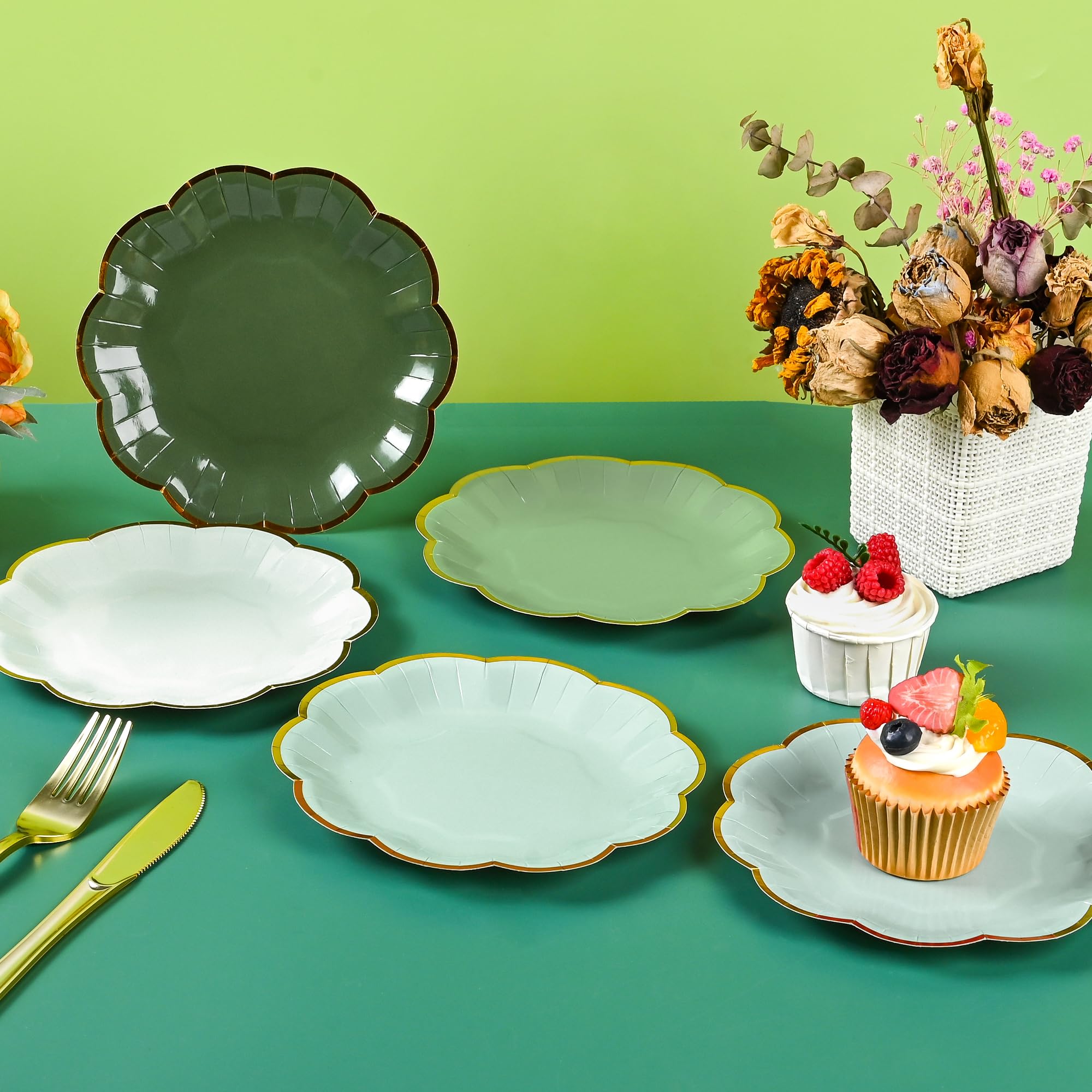 **Elegant Sage Green Disposable Cake Plates - 7 Inch Gold Foil Scalloped Edge Dessert Plates for Birthday, Bridal, Baby Shower & Wedding Party Supplies (24-Pack) - Perfect for Elegant Celebrations & Special Events**