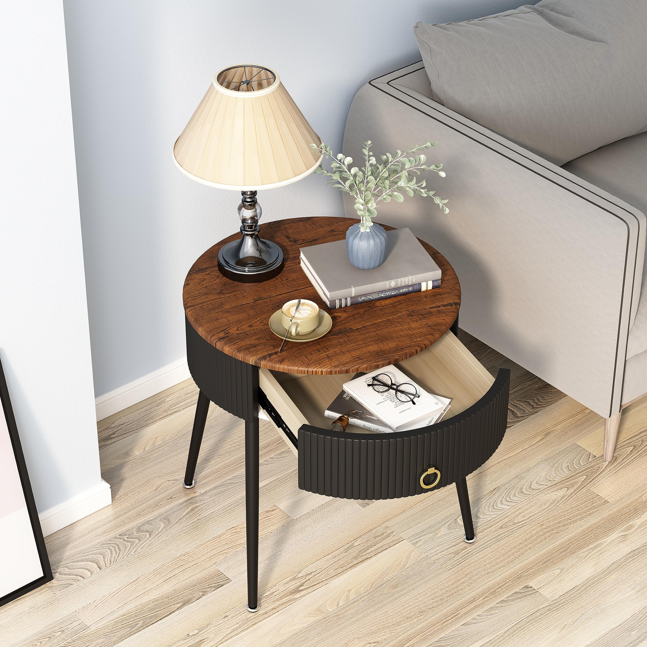 2-Piece Round Side Table Set with Drawer - Modern Nightstand for Bedroom, Living Room, Office & Dorm - Rustic Brown & Black End Tables for Small Spaces | Perfect for Reading Nook, Guest Room & Apartment Decor