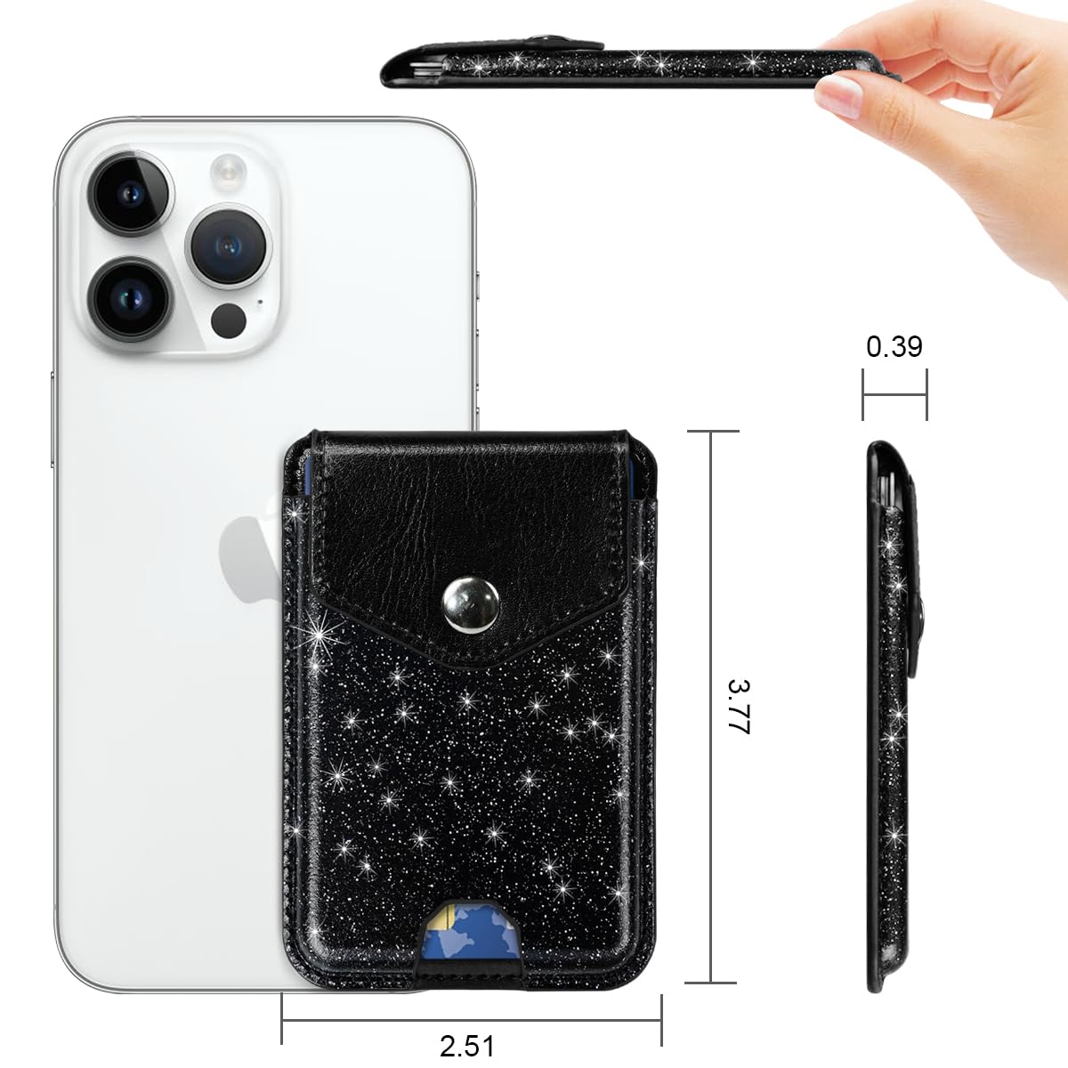 Self Adhesive Card Holder for Phone Back - Leather RFID Blocking Phone Wallet with Snap Closure - Glitter Black Card Sleeve for Phone Case - Perfect for Hands-Free Shopping, Travel & Contactless Payments