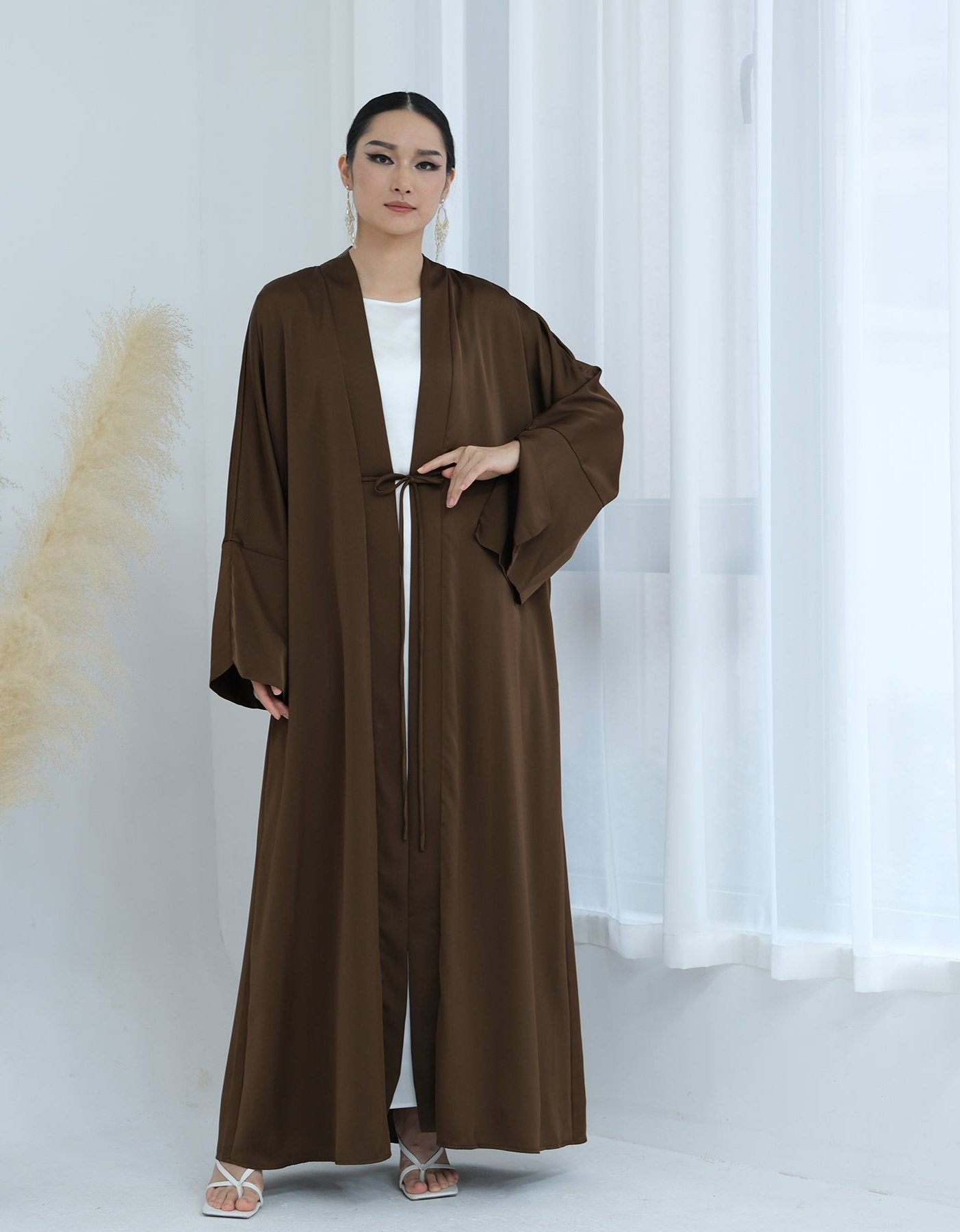 Lavinia Satin Open Abaya Chocolate Brown - Elegant Muslim Prayer Dress for Women, Modest Islamic Abaya for Mosque, Home & Special Occasions