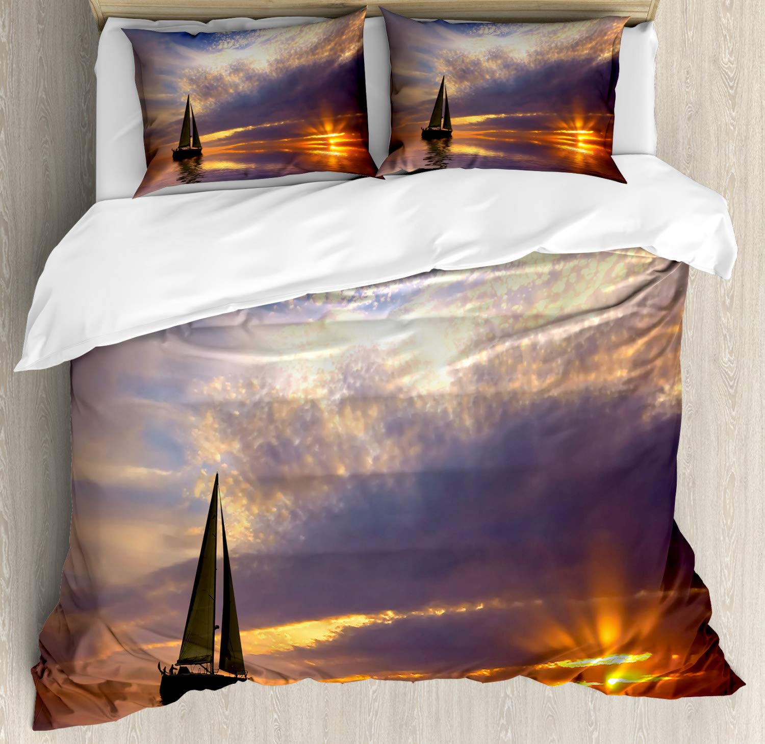 Ambesonne Sailboat Duvet Cover Set - Queen Size 3 Piece Bedding with 2 Pillow Shams | Nautical Themed Marigold Blue Grey Design | Perfect for Beach House Decor, Romantic Honeymoon Bedroom & Coastal Inspired Home Styling