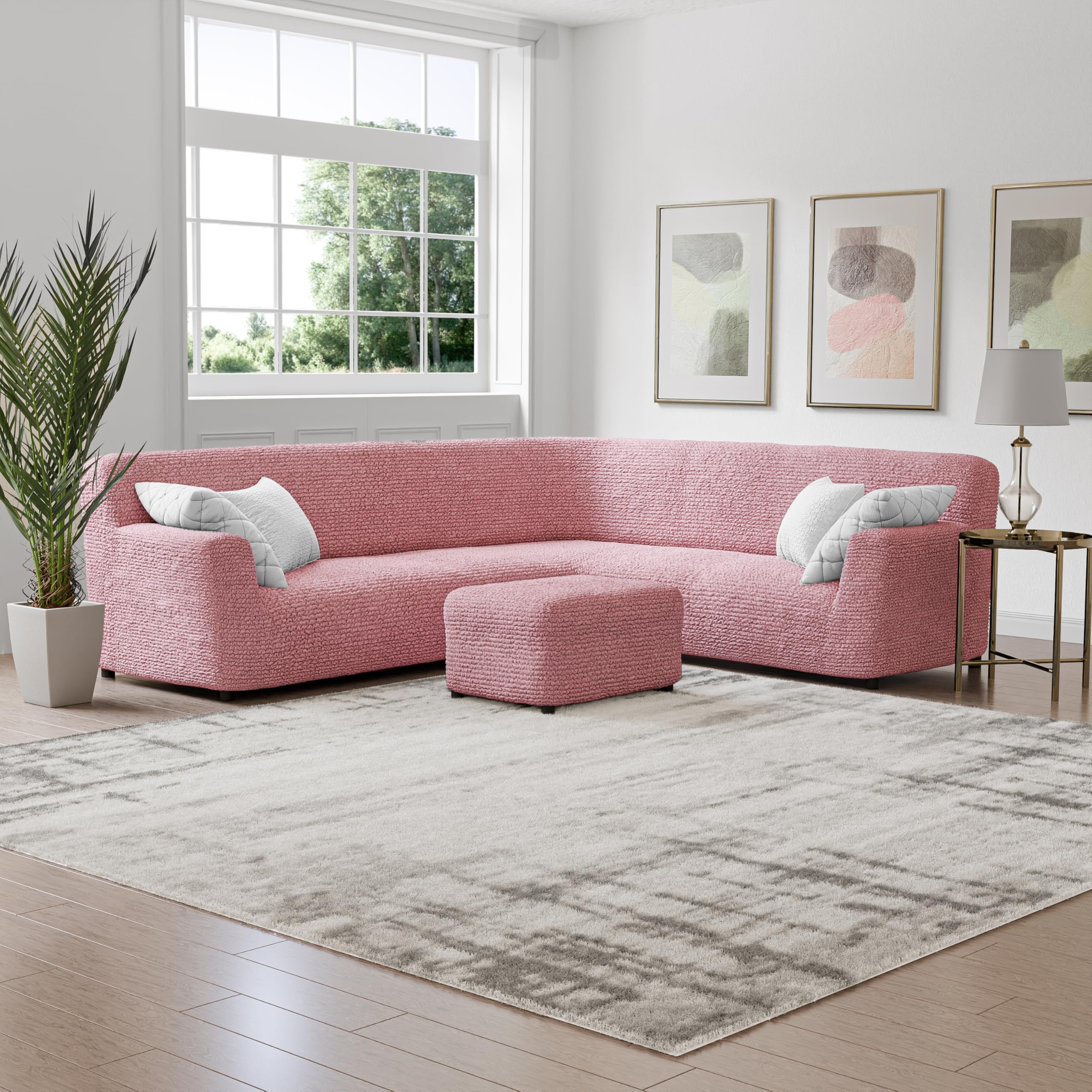 PAULATO BY GA.I.CO. Extra Large L-Shape Corner Sectional Couch Cover - Washable Polyester Sofa Slipcover - 1-Piece Form Fit Furniture Protector - Microfiber Fabric - Coral Pink - Perfect for Living Room, Family Room & Home Theater Protection