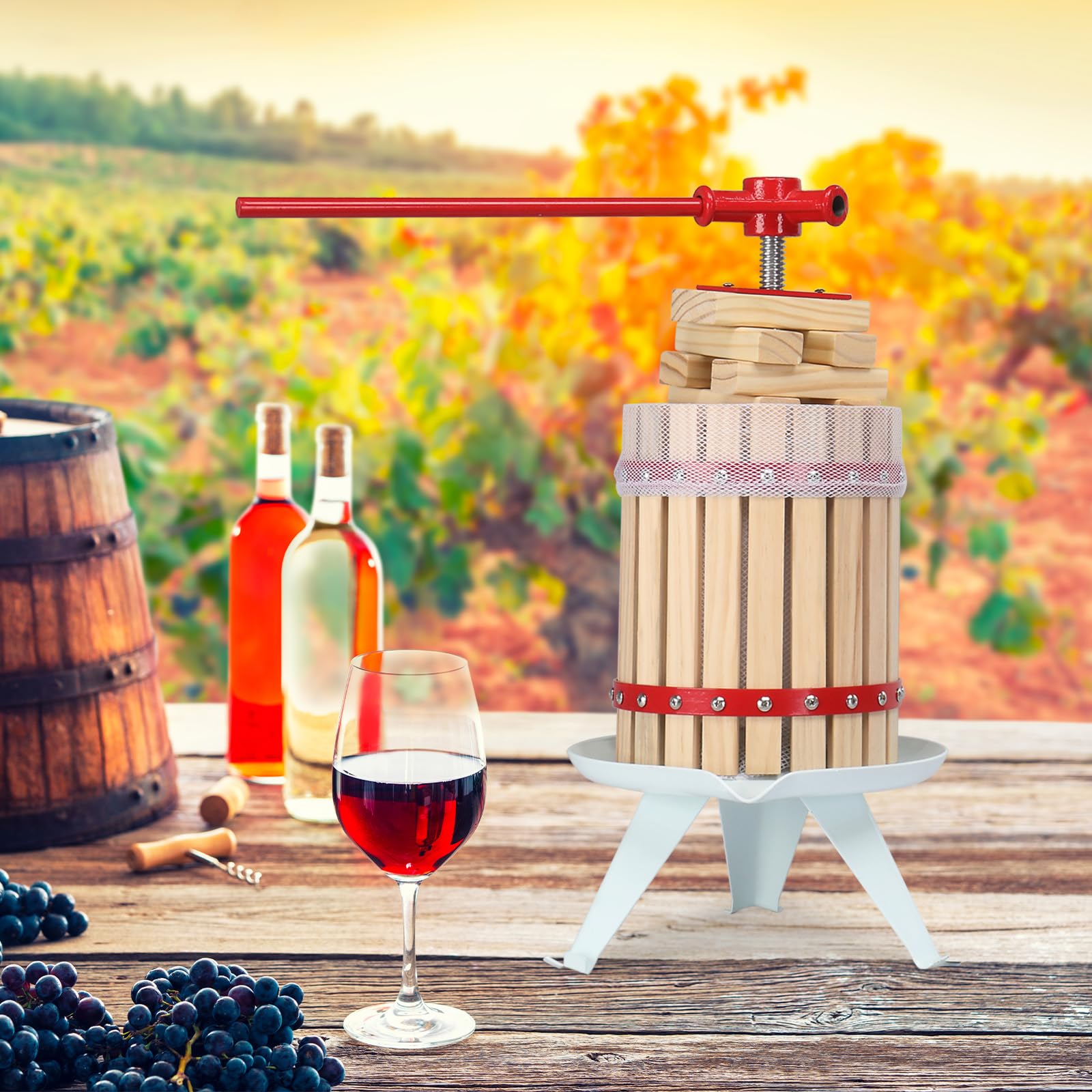 1.6 Gallon Solid Wood Fruit Wine Press - Manual Juice Maker for Apple, Grape & Berries - Home Cider & Wine Making Kit with 6 Blocks - Perfect for Kitchen, Homemade Juice & Craft Brewing