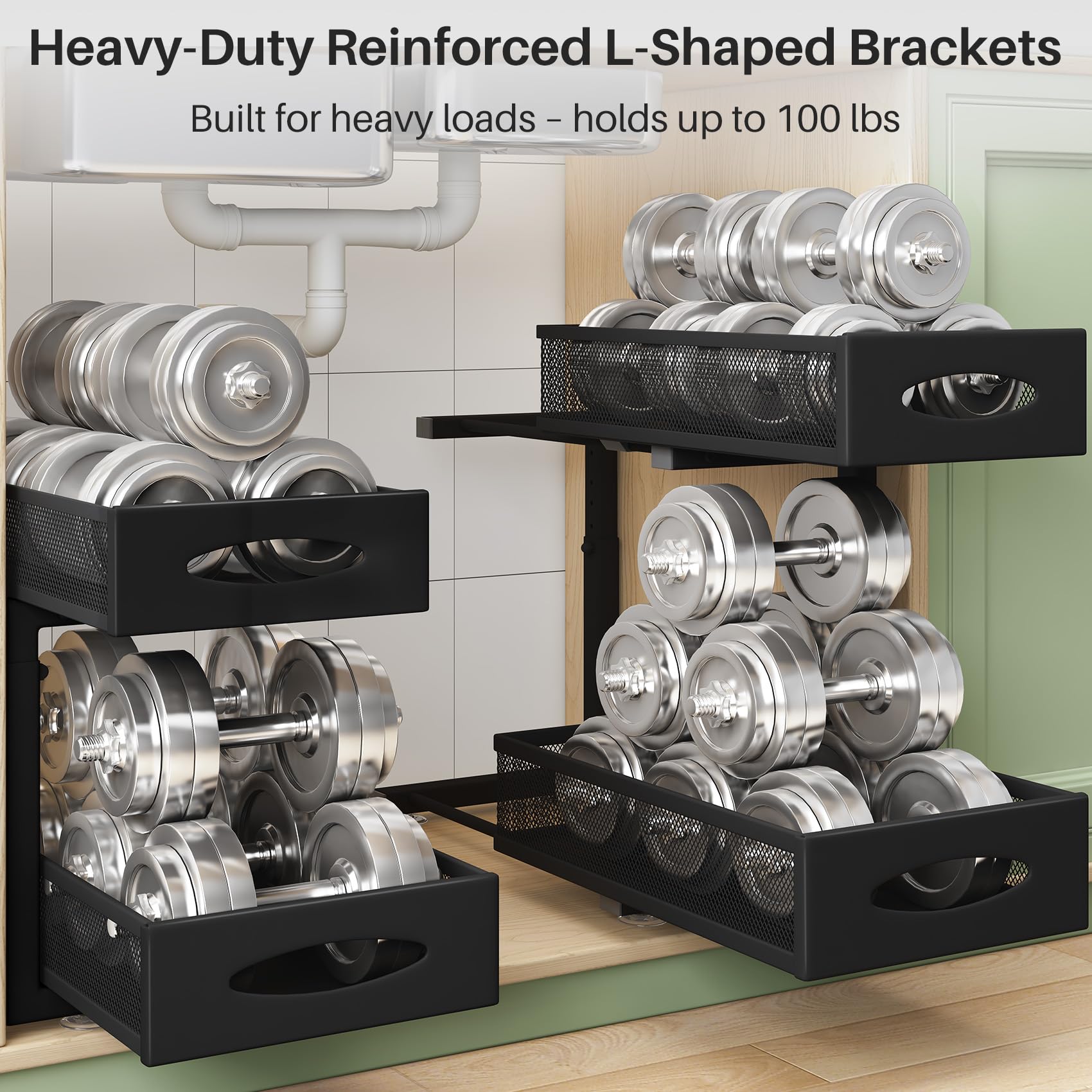 2-Tier Under Sink Organizer Set of 2 - Pull Out Mesh Cabinet Baskets with Sliding Drawers for Kitchen, Bathroom & Pantry Storage | Space Saving Sink Shelf Organizer for Home & Office Use (Black)