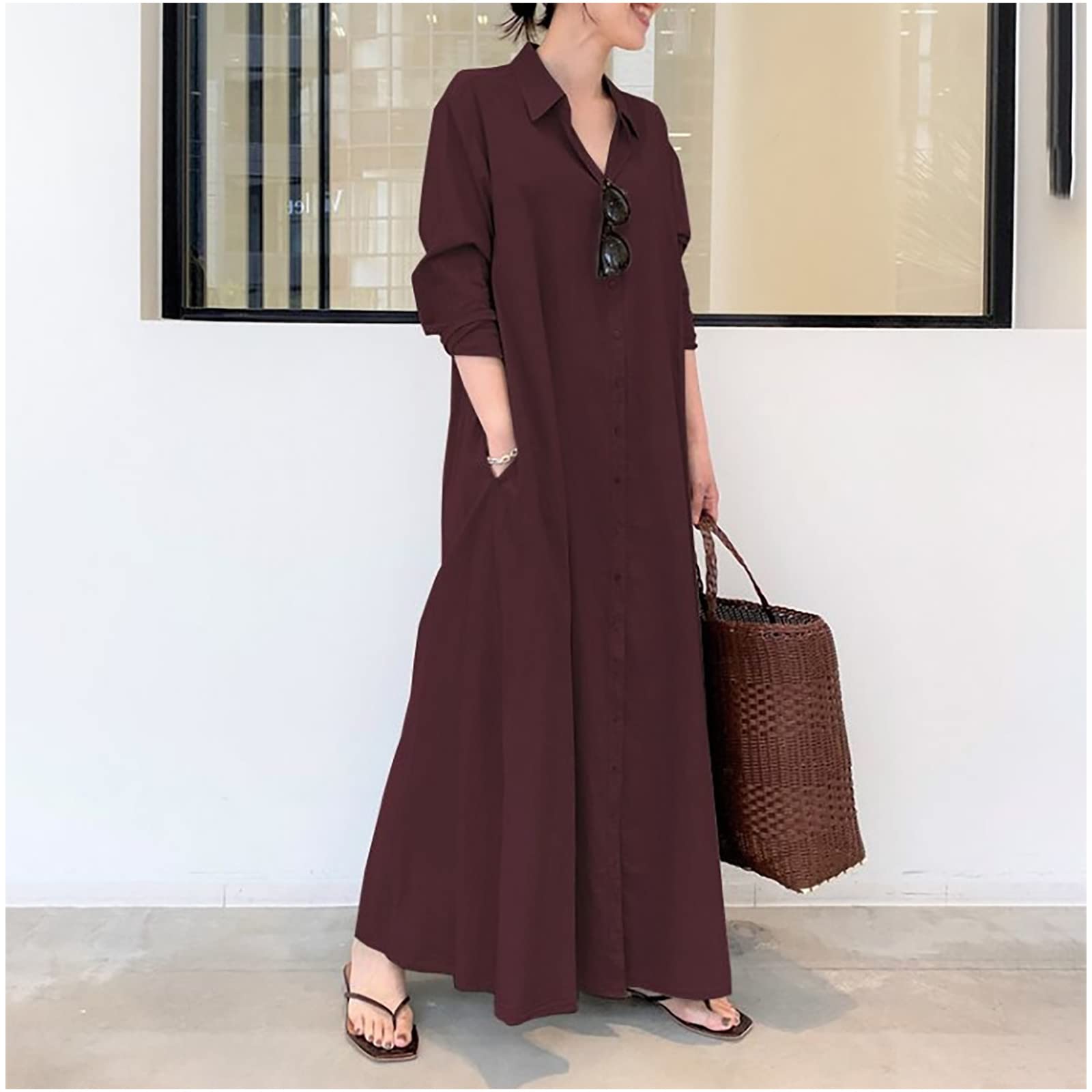 Women's Casual Cotton Linen Long Shirt Dress - Solid Color Loose Fit Fall Tunic for Everyday Wear | Perfect for Office, Weekend Outings & Autumn Layering