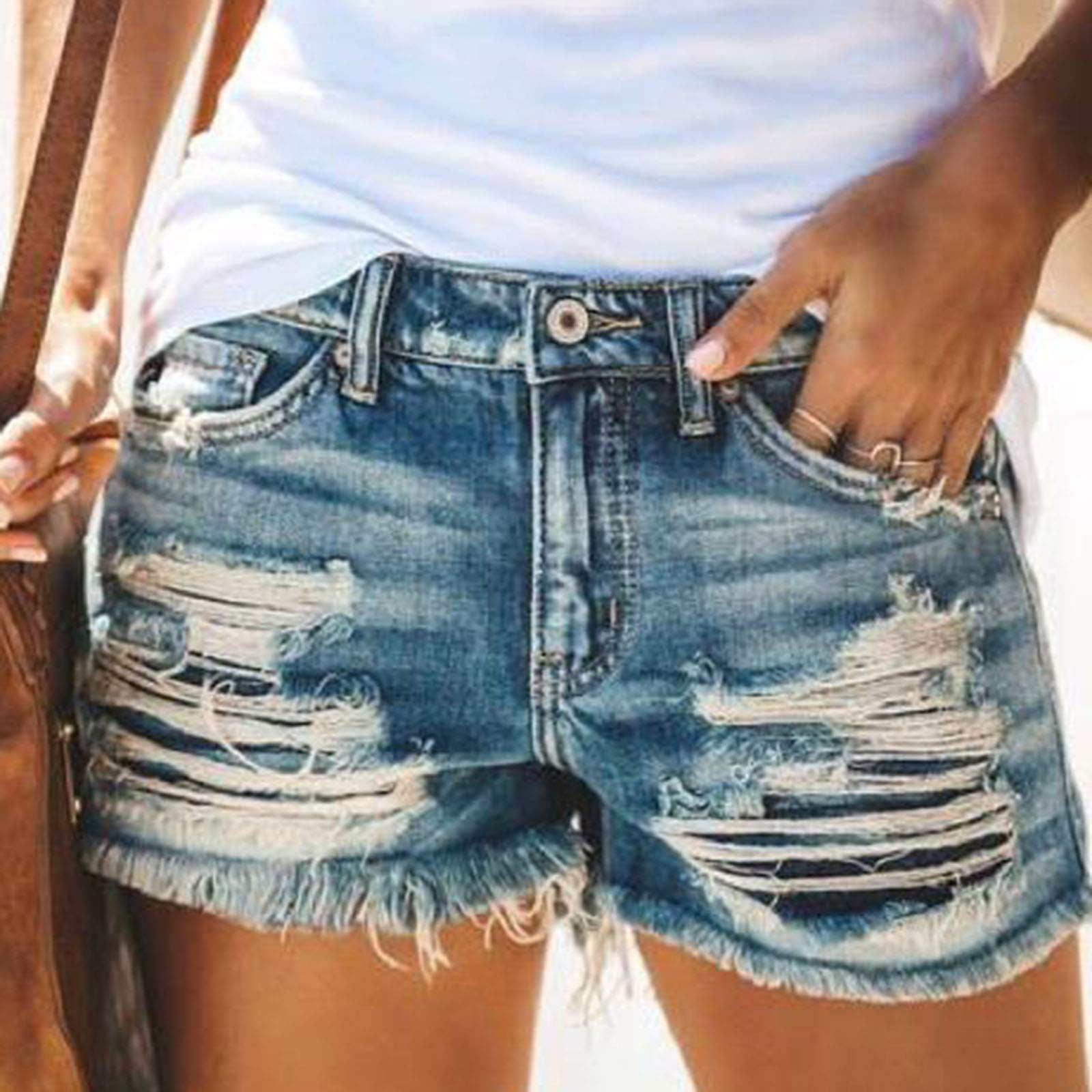 Women's High Waisted Slim Fit Ripped Denim Shorts - Distressed Frayed Hem Jean Shorts in Blue & White | Casual Summer Outfits, Beach Wear & Yoga Comfort